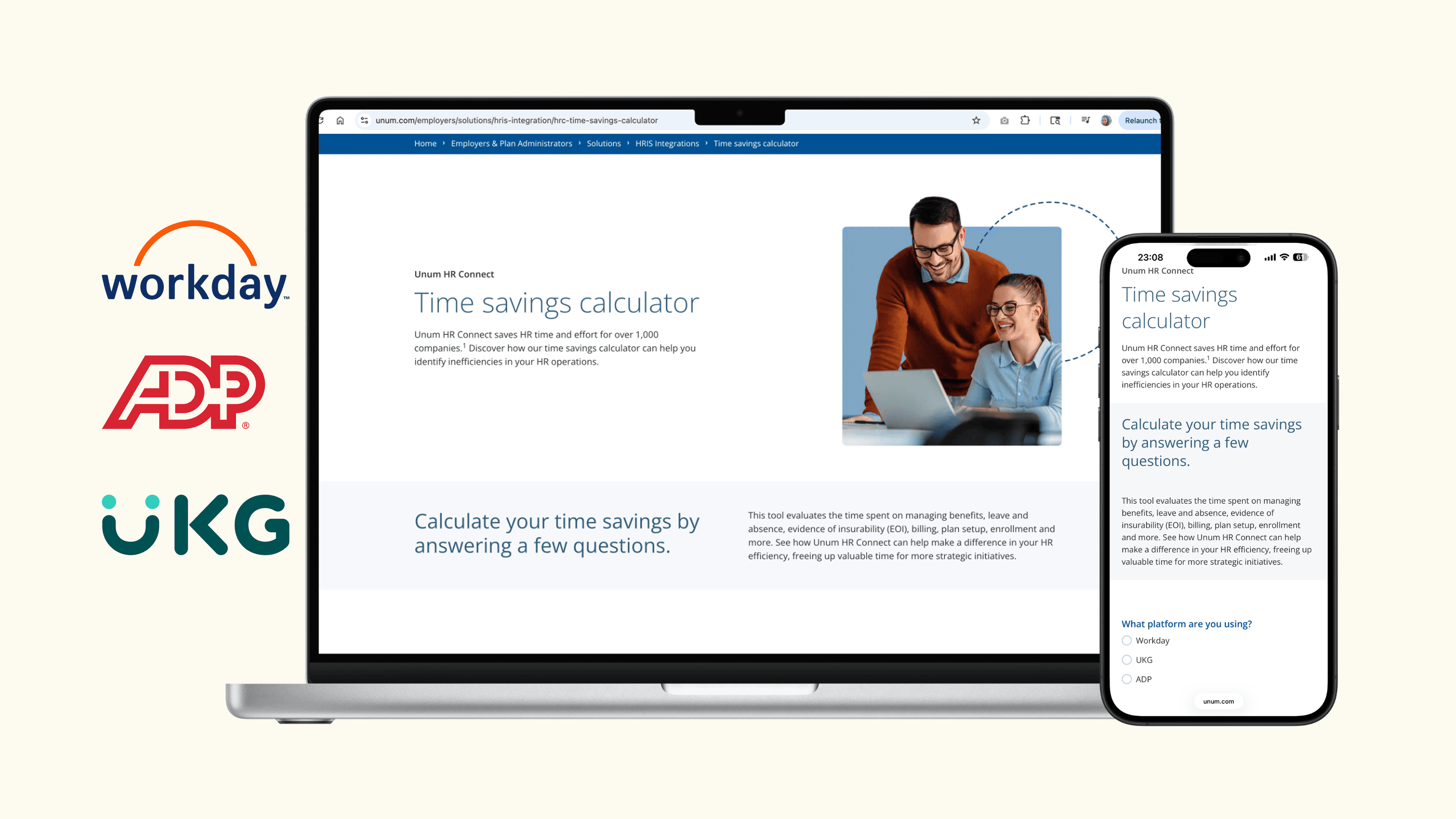 HR Connect Time Savings Calculator hero showing Workday, ADP, and UKG logos alongside the calculator on desktop and mobile