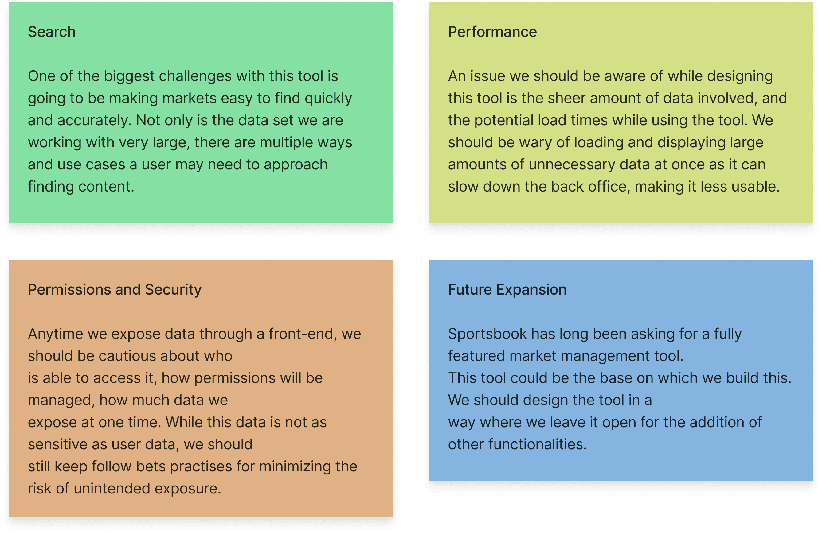 Seach, Performance, Permissions/ Security, Future Expansion