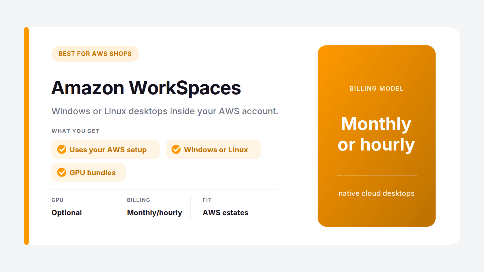 Amazon WorkSpaces cloud desktops for AWS teams with monthly or hourly billing