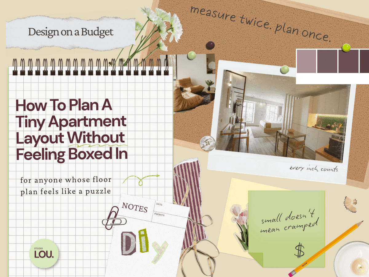 Papercraft-style blog header with a grid notebook titled How To Plan A Tiny Apartment Layout Without Feeling Boxed In, beige background, corkboard with color palette swatches and pushpins, polaroid photo of a compact open-plan apartment interior with kitchen and living area, fabric swatch, DIY washi tape lettering, sage green sticky note, tulip illustration, pencil, and candle.