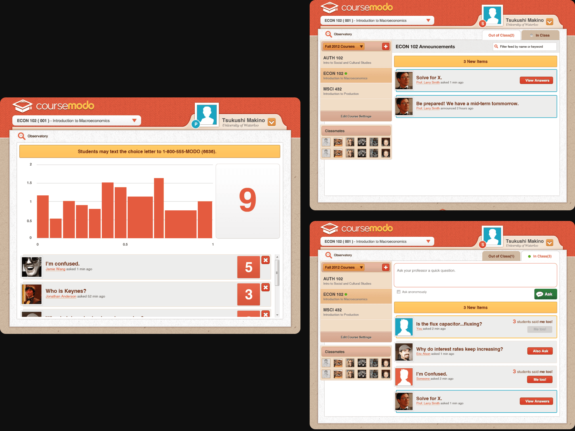 Cousemodo main application designs for student and professor comments and answers tool