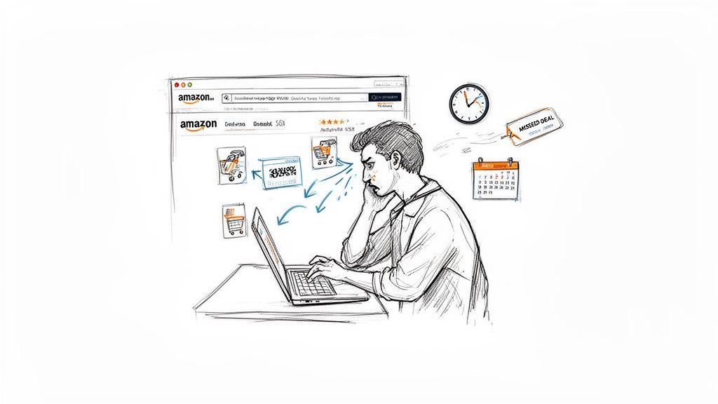 A frustrated man on a laptop is monitoring Amazon deals, concerned about missing sales.