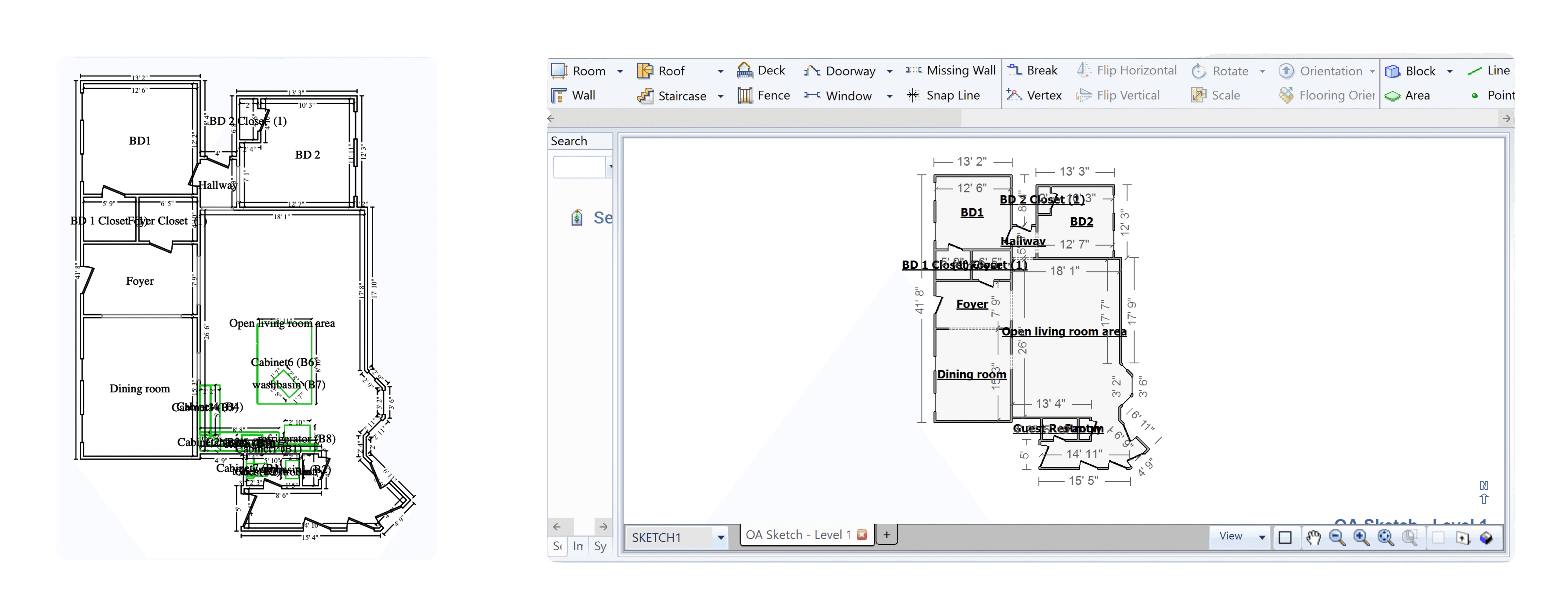 A sketch flattened inside a PDF estimate beside the same sketch reconstructed as editable rooms, walls, and dimensions.