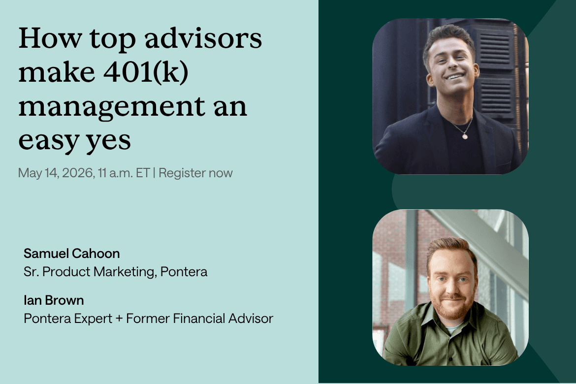 Webinar announcement with event details and two Pontera employees, representing advisor use of financial technology and client engagement processes.