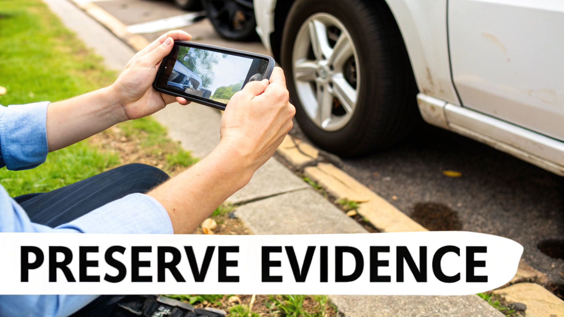 A person kneels, using a smartphone to photograph a white car's tire and dirty side, with text 'PRESERVE EVIDENCE'.