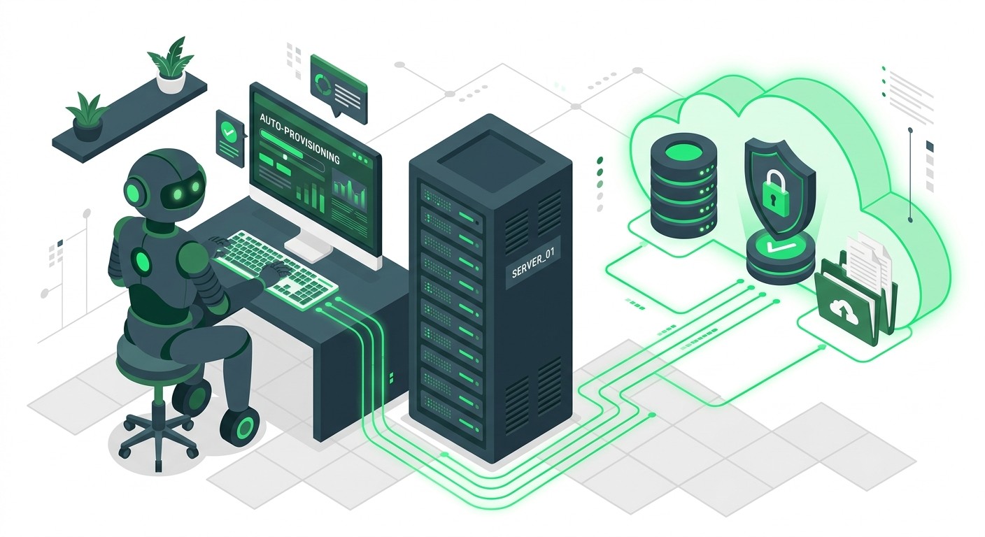 Isometric illustration of an AI agent automatically provisioning a cloud database with auth and storage.
