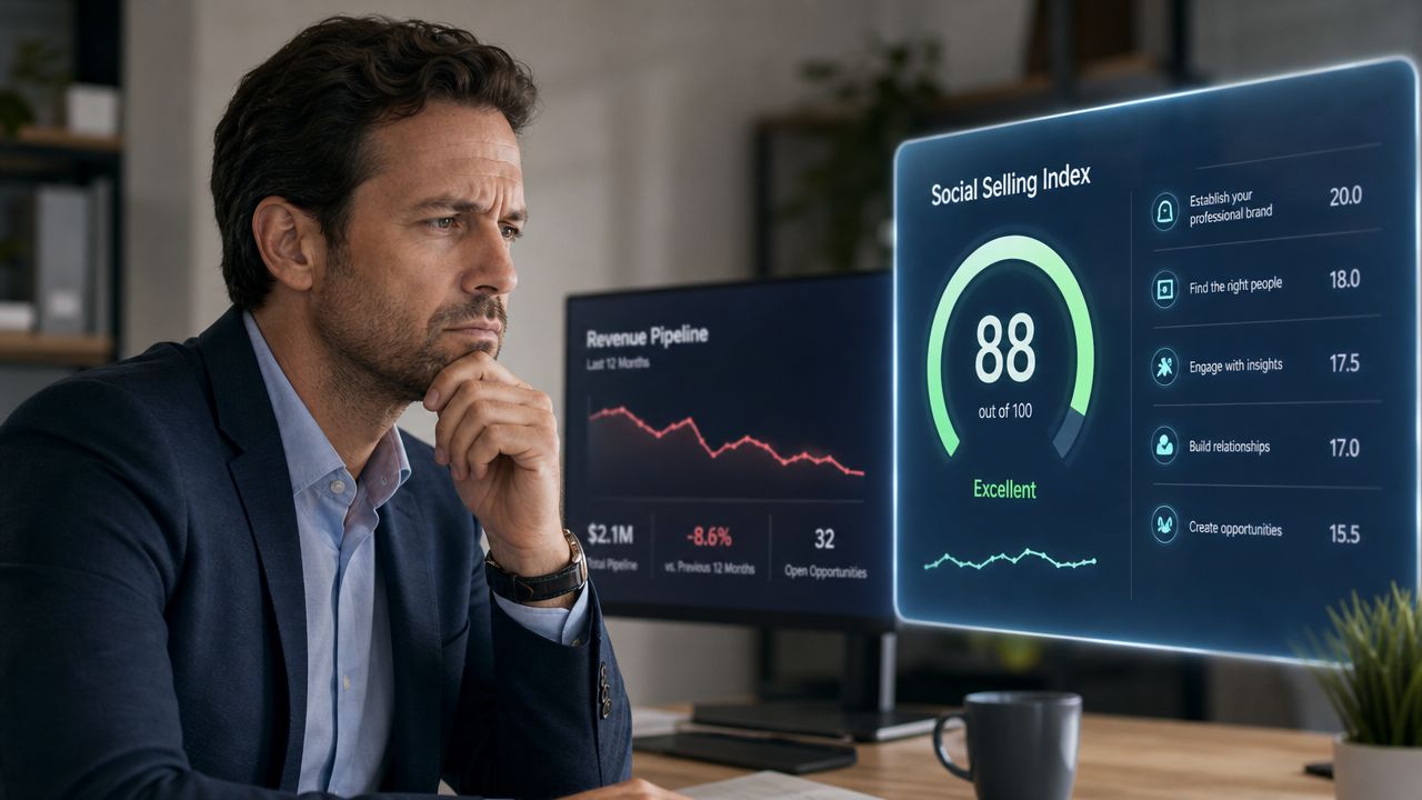 A professional man looking thoughtfully at a holographic display showing a high Social Selling Index score.