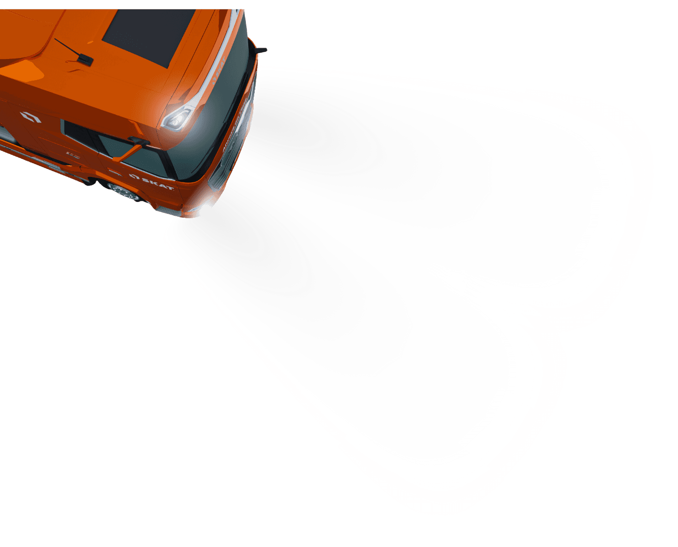 Pomarańczowa ciężarówka widziana z góry z włączonymi światłami, których snopy tworzą dwa jasne strumienie na białym tle.