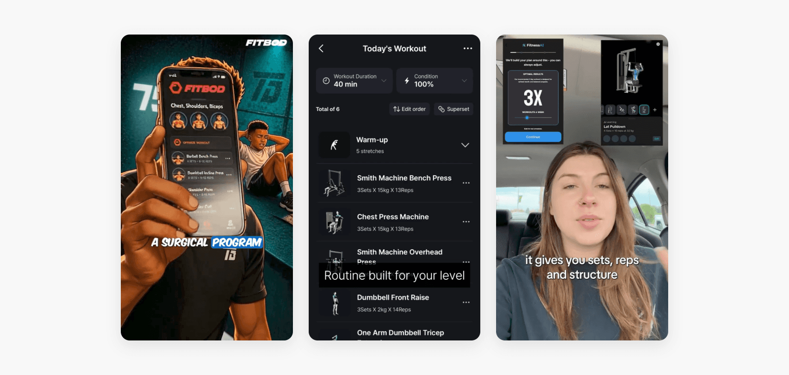 Fitbod, Planfit and FitnessAI creatives side by side
