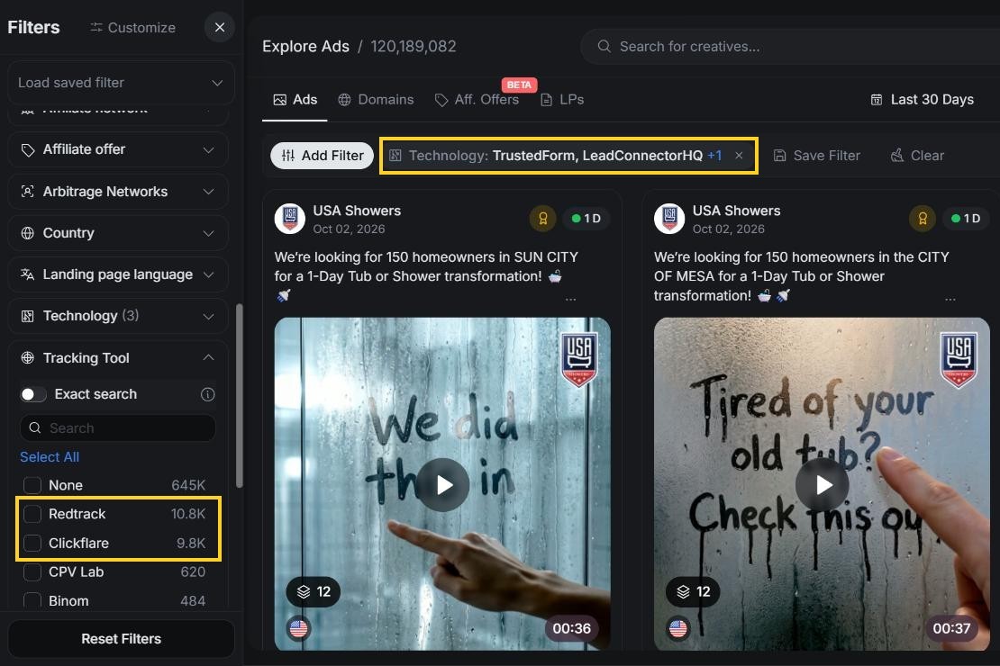 The same Tracking Tool list with the lead gen technologies applied (TrustedForm, LeadConnectorHQ and Jornaya): Redtrack and Clickflare far ahead of every other tracker