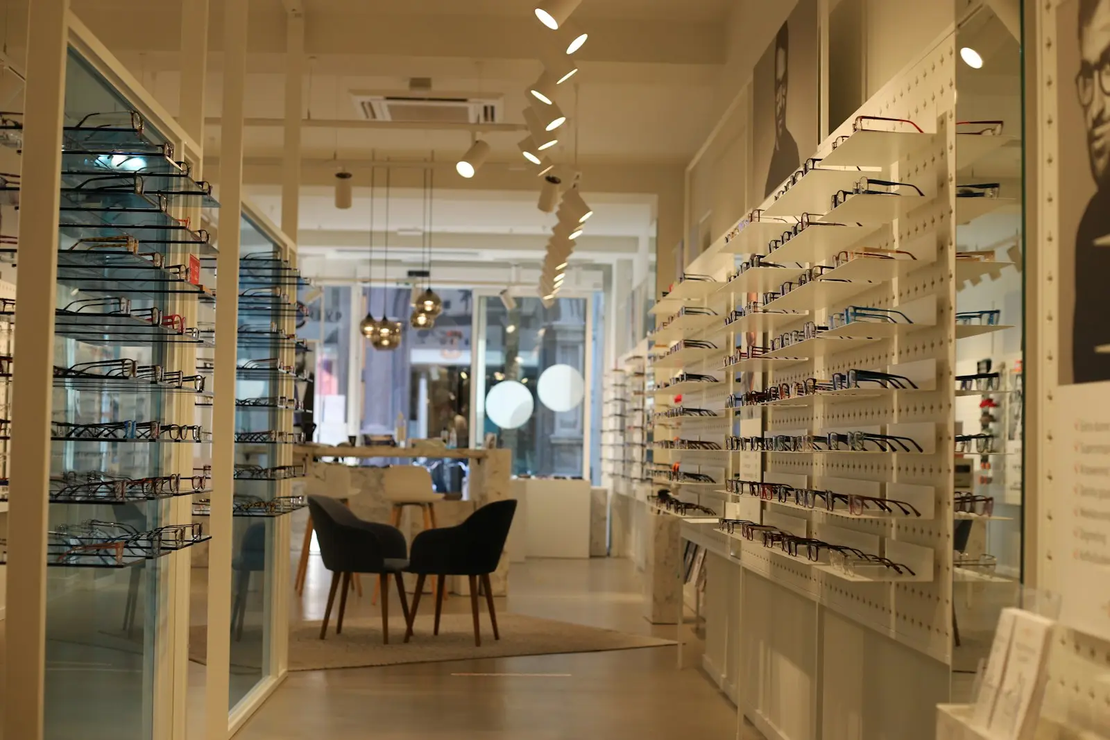 A bright optician clinic with glasses displays and consultation tables