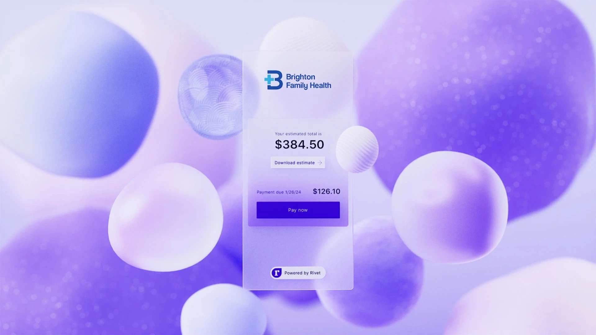 Minimal animated UI screen with floating 3D elements, visualizing digital payment interface for a healthcare SaaS explainer video.