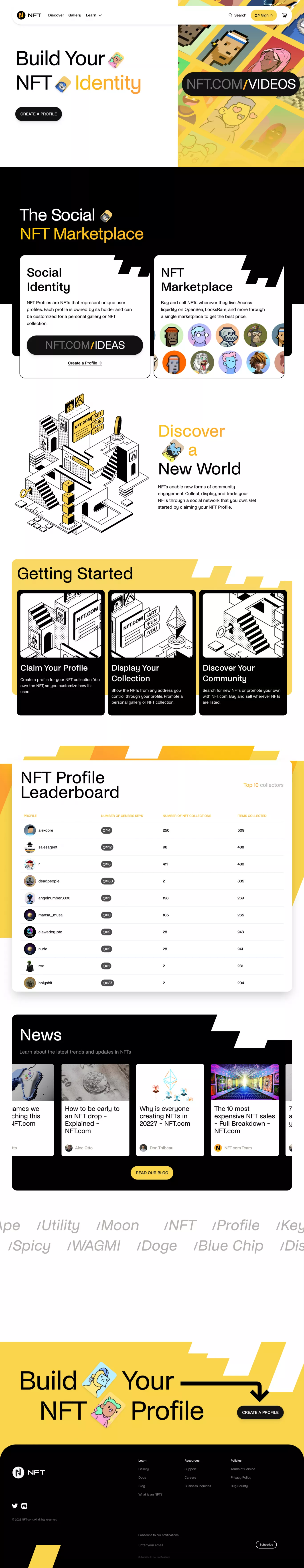 NFT.com landing page screenshot showcasing Tech and Finance design