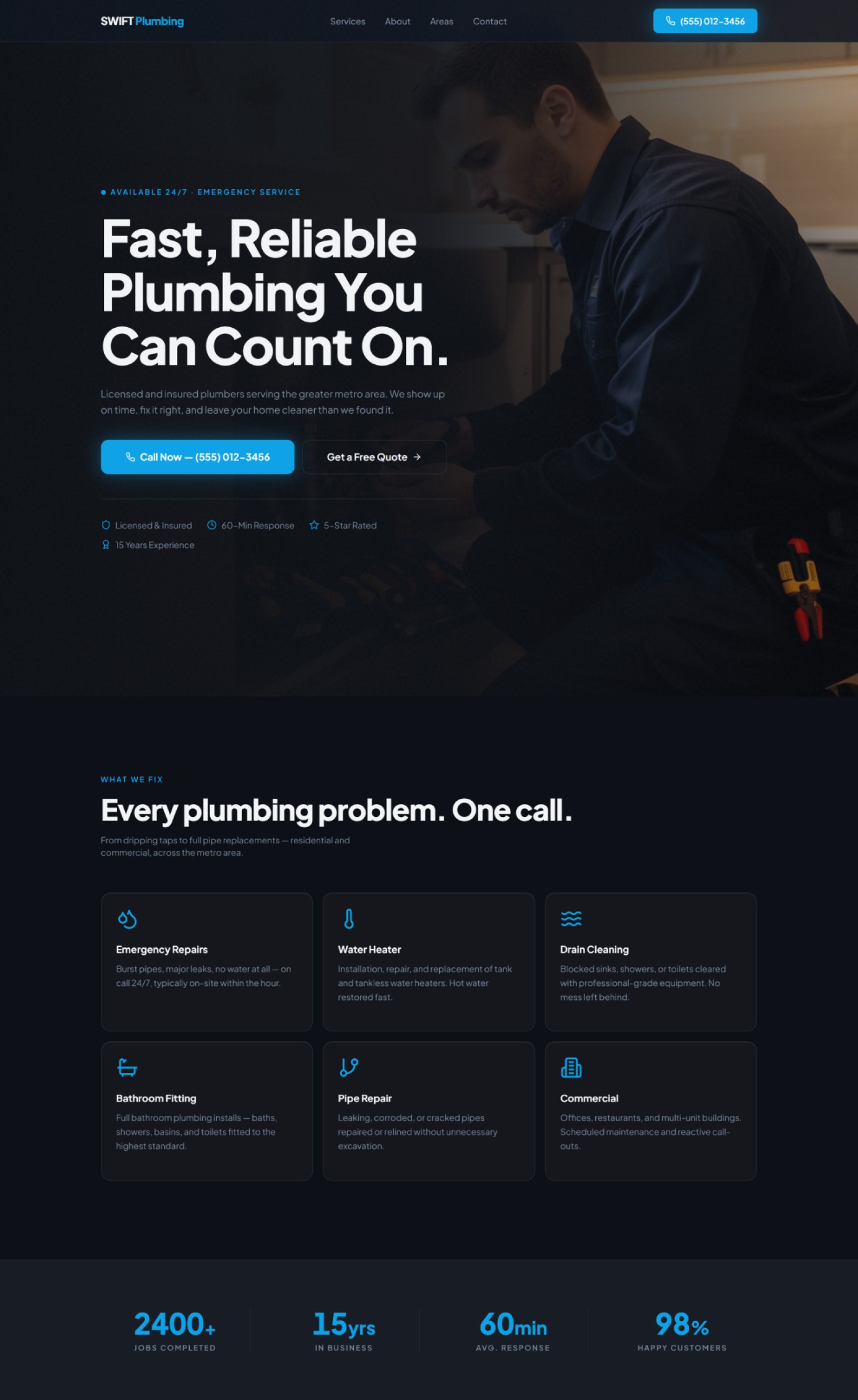 Plumber Website Prompt preview — hero section with dark charcoal background, "Fast, Reliable Plumbing You Can Count On." headline, electric blue CTA button, and plumber at work in background