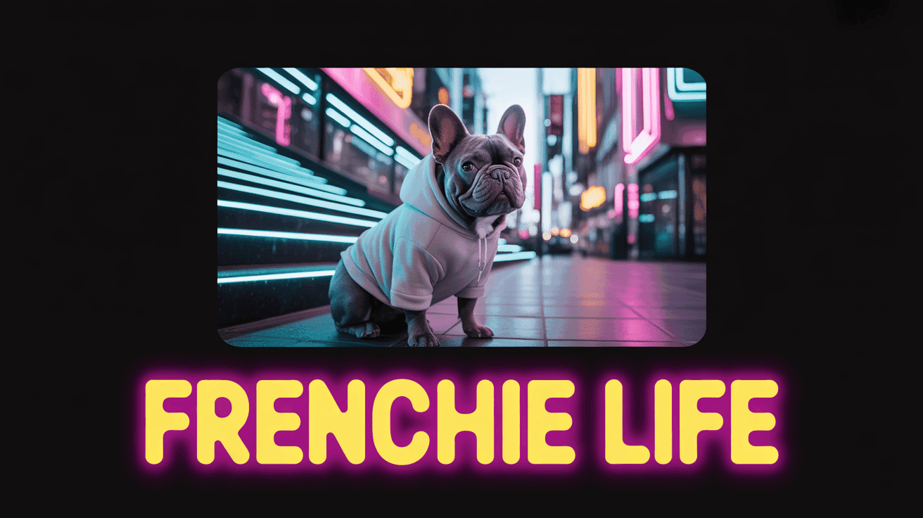French bulldog in hoodie on neon city steps with FRENCHIE LIFE text
