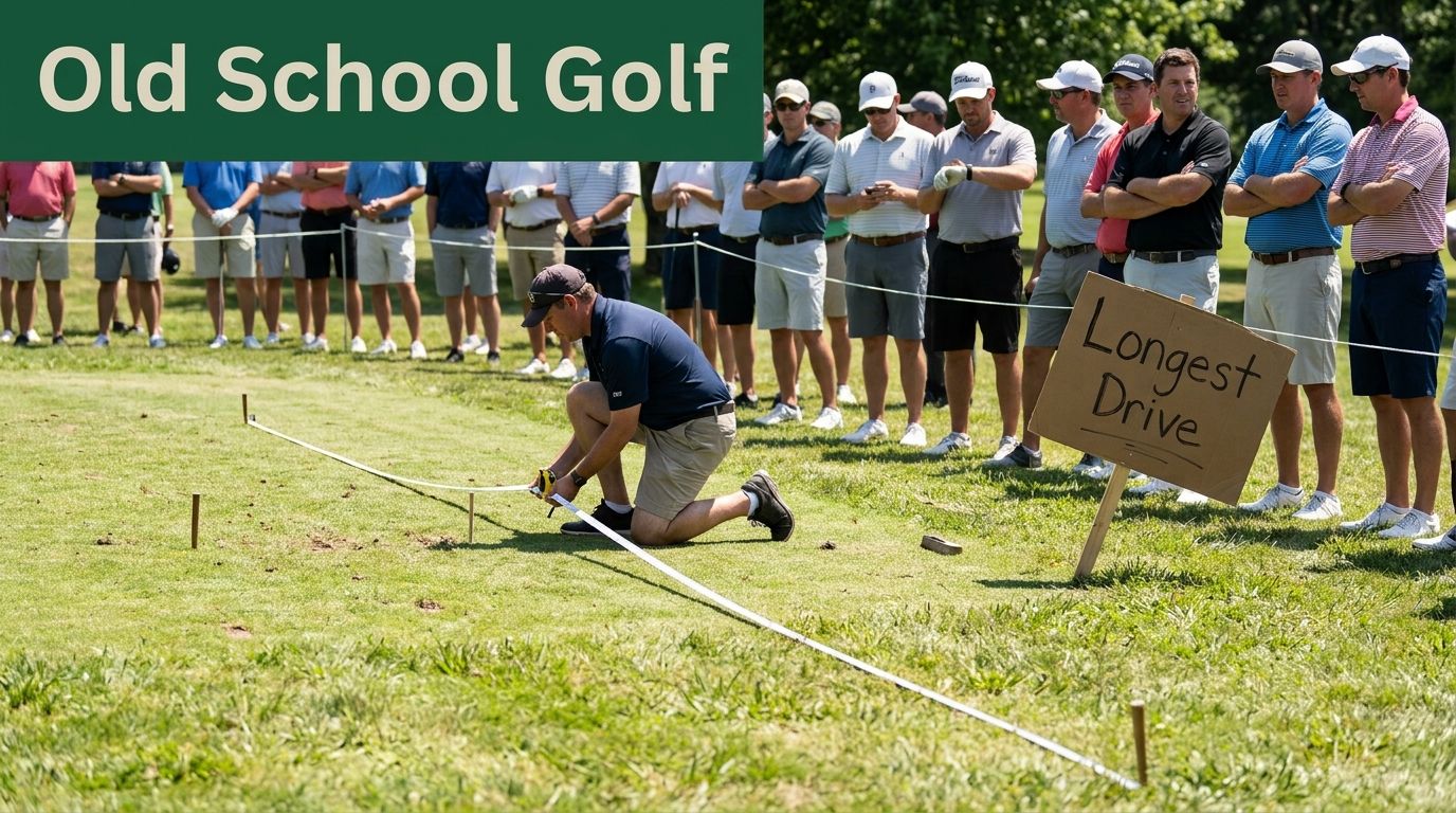A golfer kneeling on a green measuring a ball's position during a longest drive golf competition.