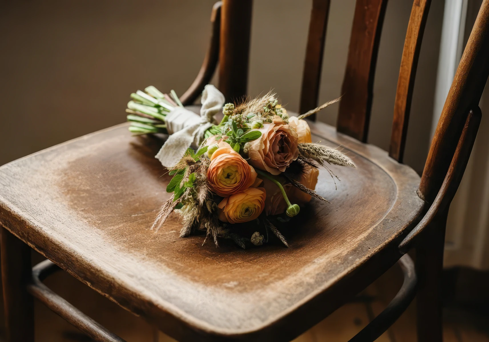 Wedding flowers resting on chair