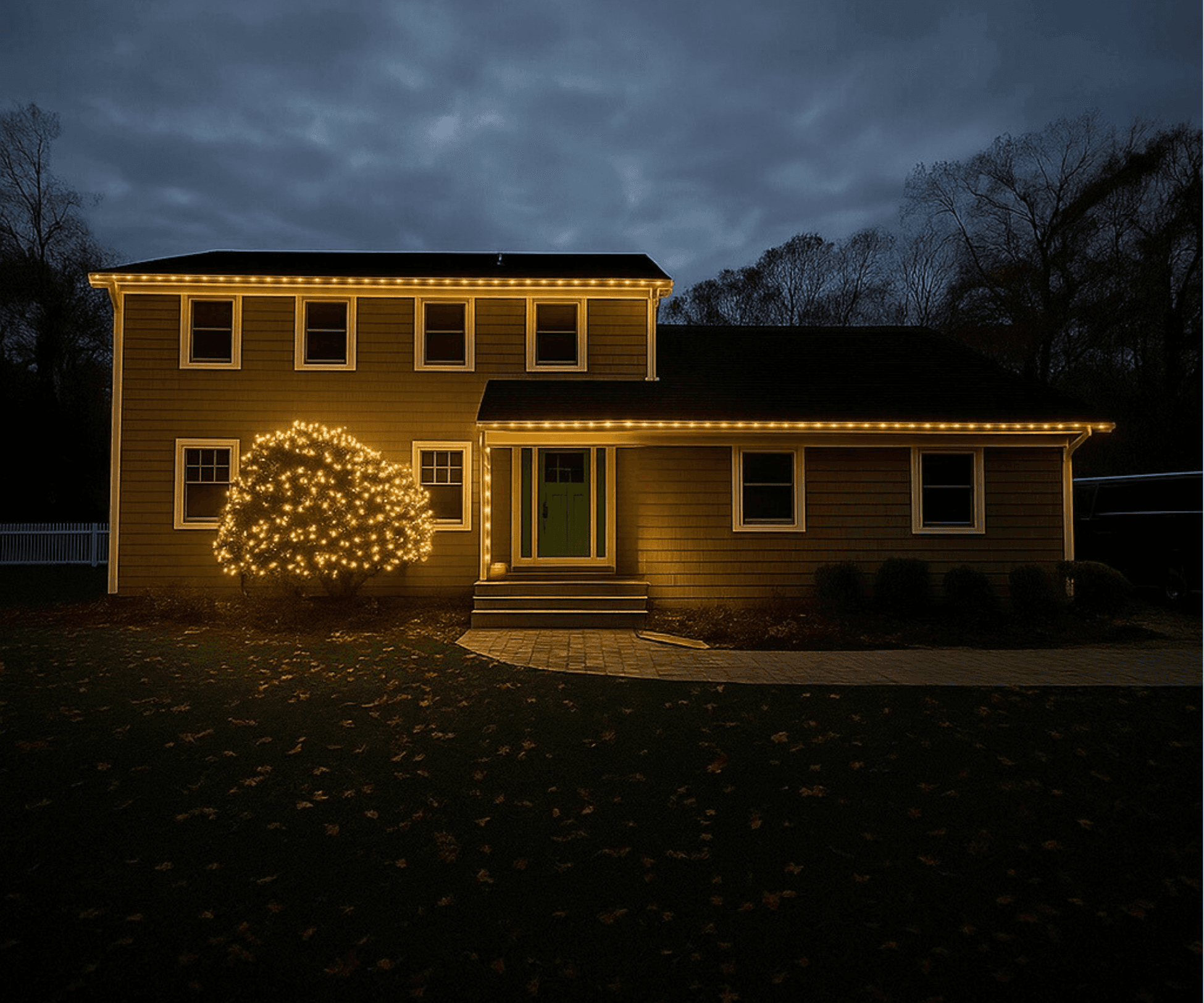Two-story Hamptons home with warm white Christmas lights along the roofline and a lit tree in the front yard at dusk.