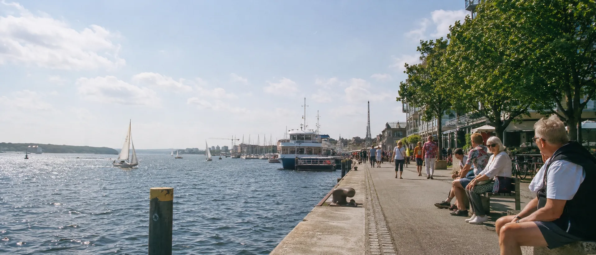 Kieler Förde mit Segelbooten, Hafenpromenade und frischer Ostseeatmosphäre