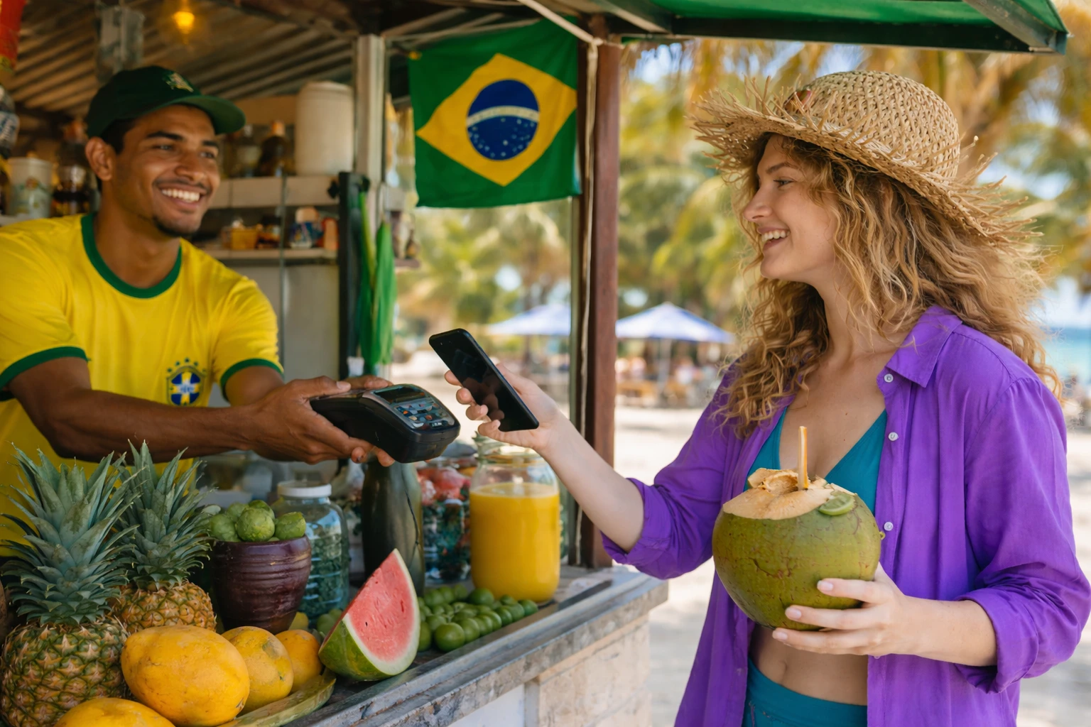 Uns turista utilizando la app de Takenos para saber como pagar en latinoamérica de forma segura en un puesto de playa en Brasil