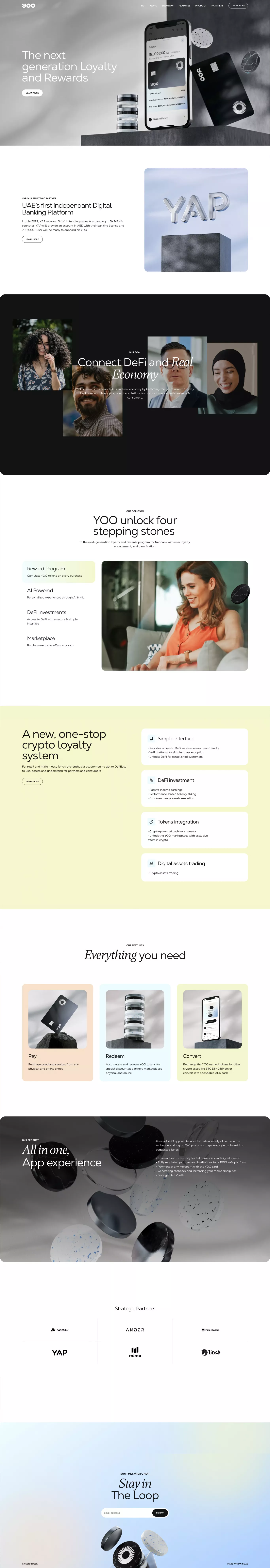 YOO - The next generation Loyalty and  R landing page screenshot showcasing Tech and Finance design