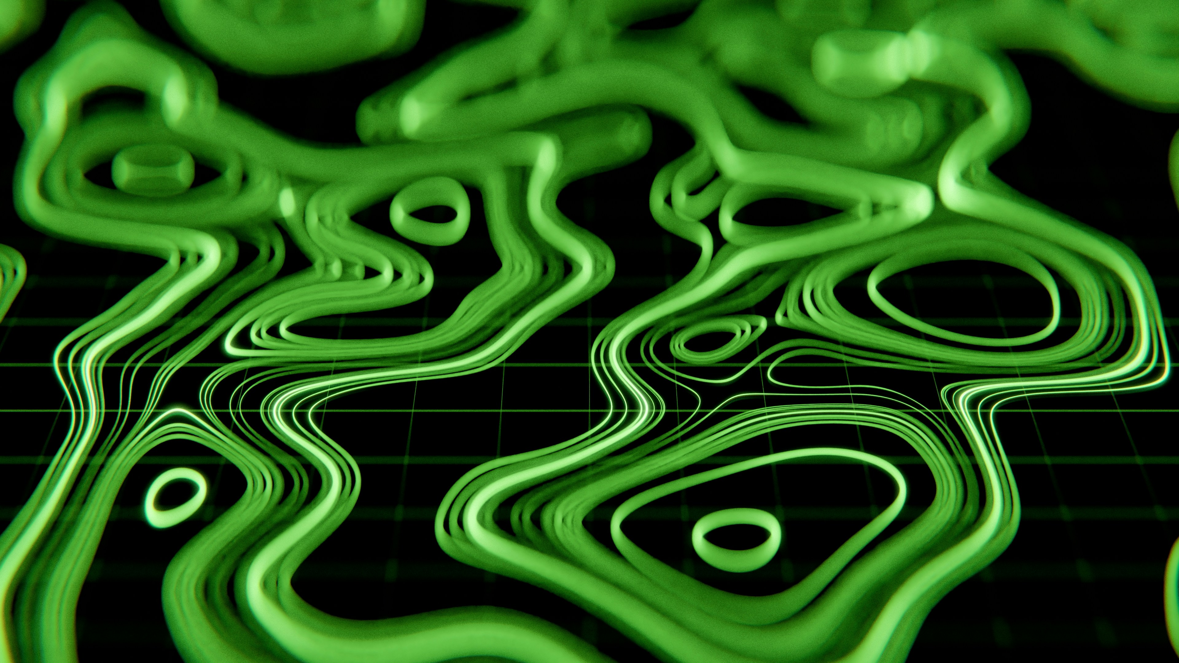 Abstract green swirling lines on black background
