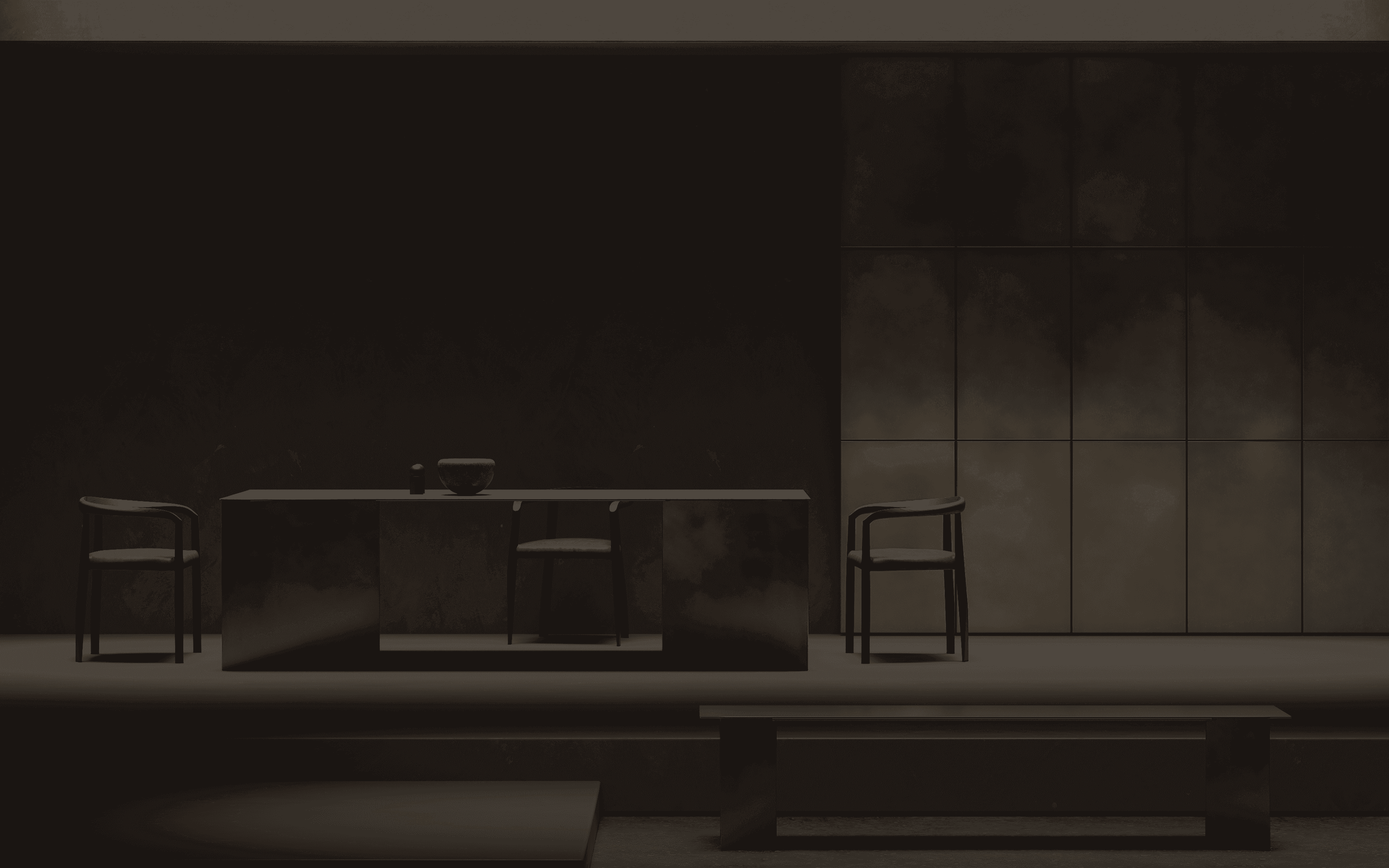 Modern minimalist room with desk and chairs. Minimalist decor.