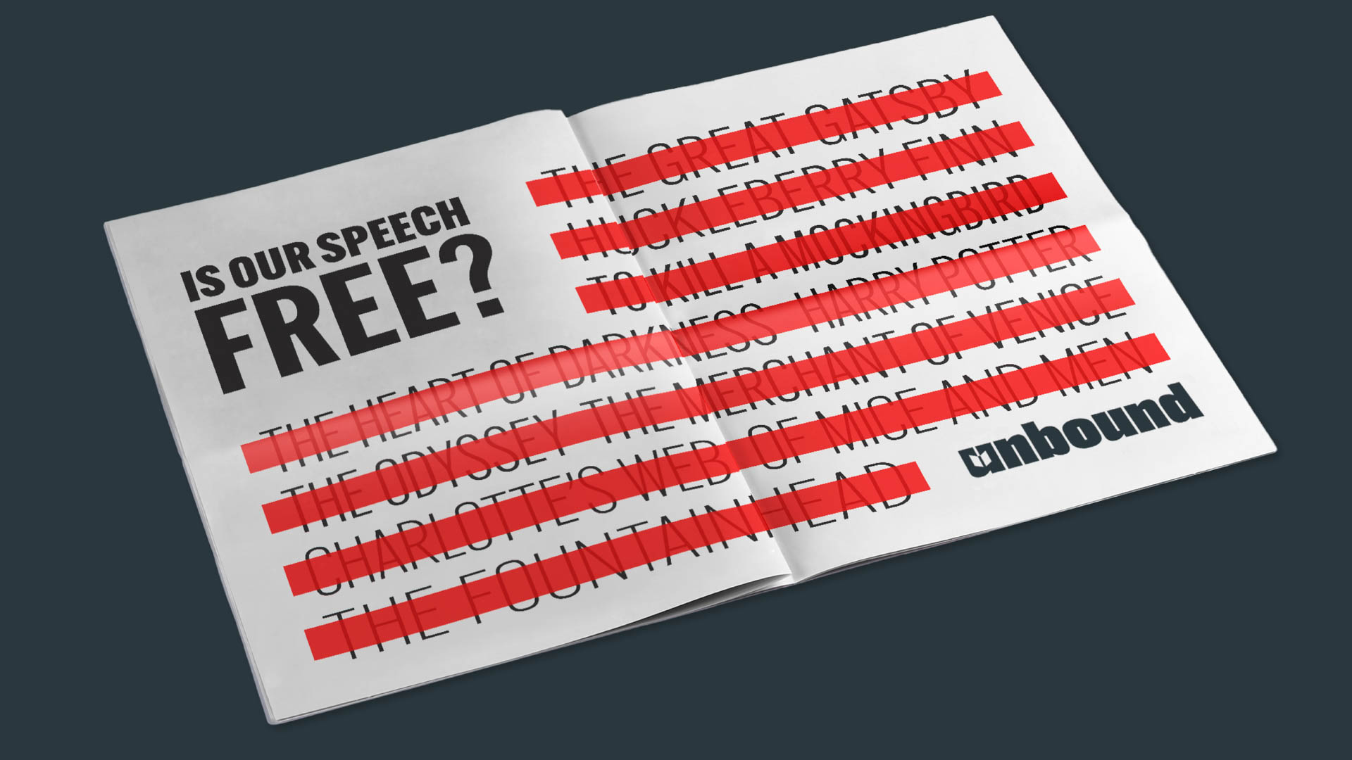 An open book displays the words “IS OUR SPEECH FREE?” in bold black letters on the top left page. Red text overlays the words “THE GREAT GATHERING,” “HIS KLEERLY HIDDEN,” “TO KILLERLY HIDDEN,” and “THE FOUNDATION.” The word “canbound” appears in black text on the bottom right page.