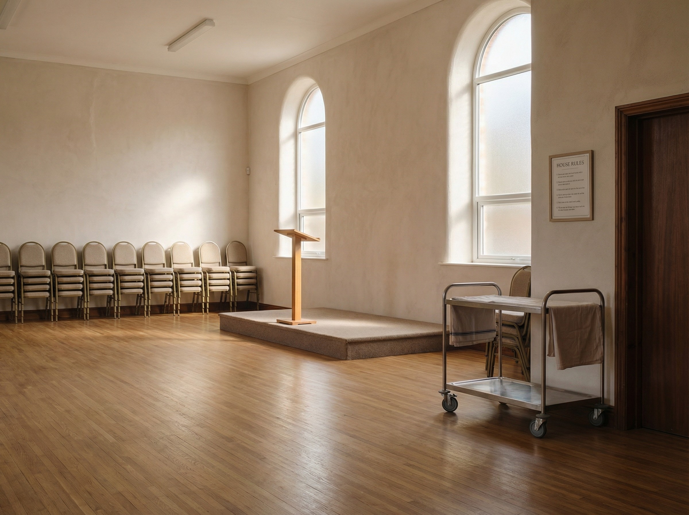 Ein Mehrzwecksaal mit sauber gestapelten Stühlen und einem kleinen Bühnenpodest wirkt sorgfältig vorbereitet. An der Seite steht ein Servierwagen, neben der Tür hängt eine dezente Hausordnung. Warmes Licht fällt durch hohe Fenster. Der Raum vermittelt Ordnung, Ruhe und Verfügbarkeit.