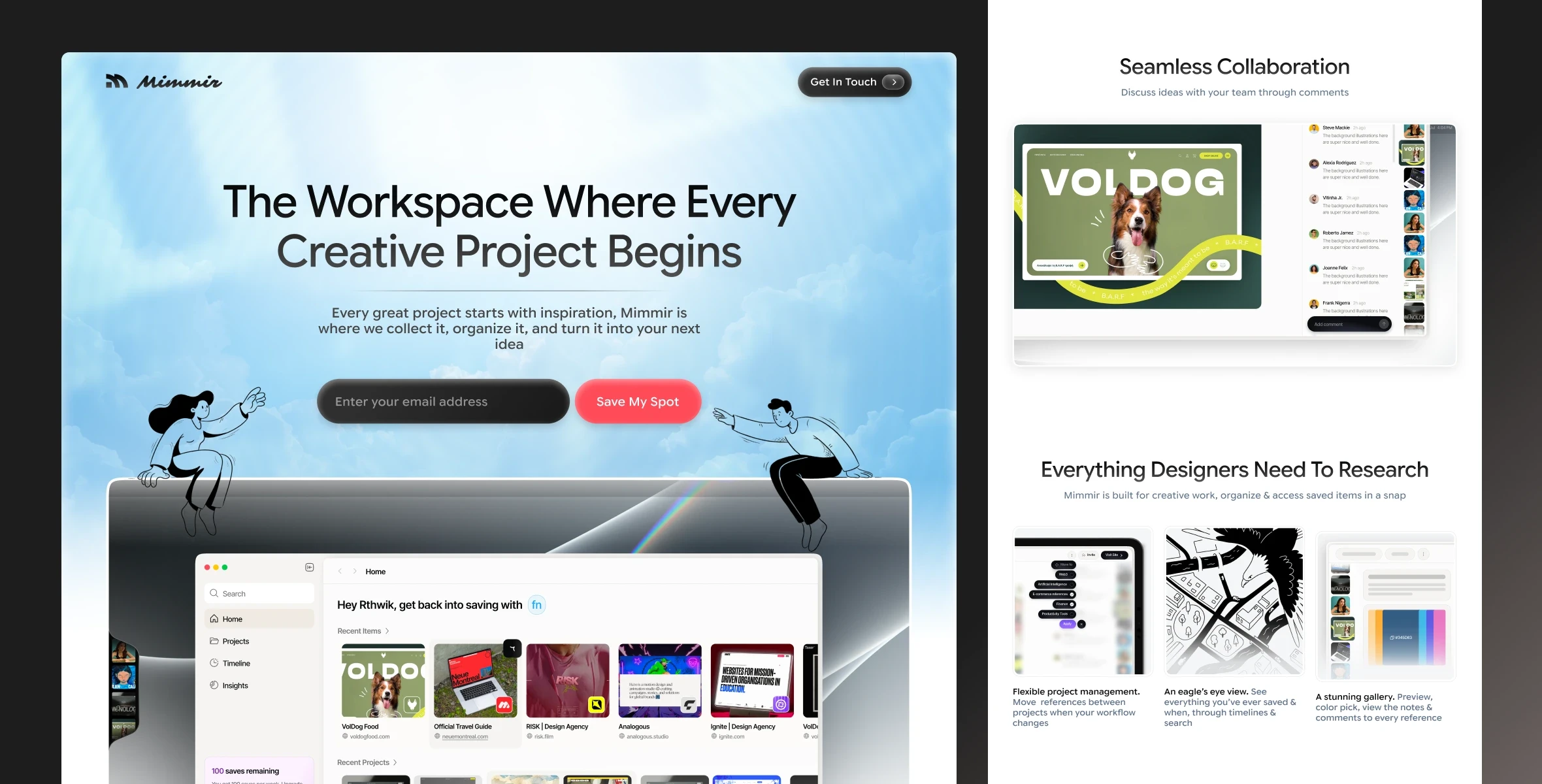 Mimmir landing page showcasing a creative workspace and collaborative reference review.