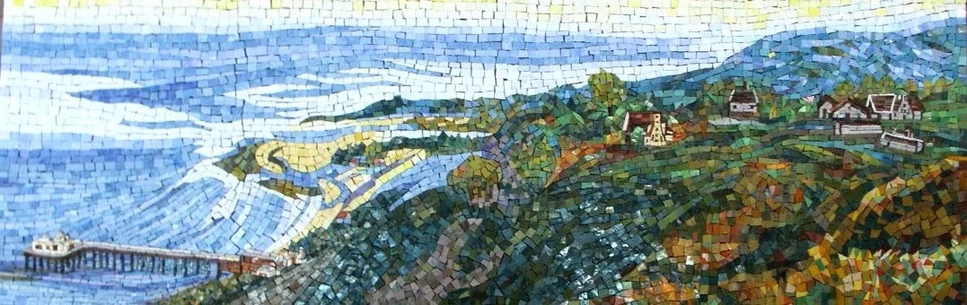 Hand-cut Byzantine glass mosaic mural of the Malibu coastline with the pier and hillside homes