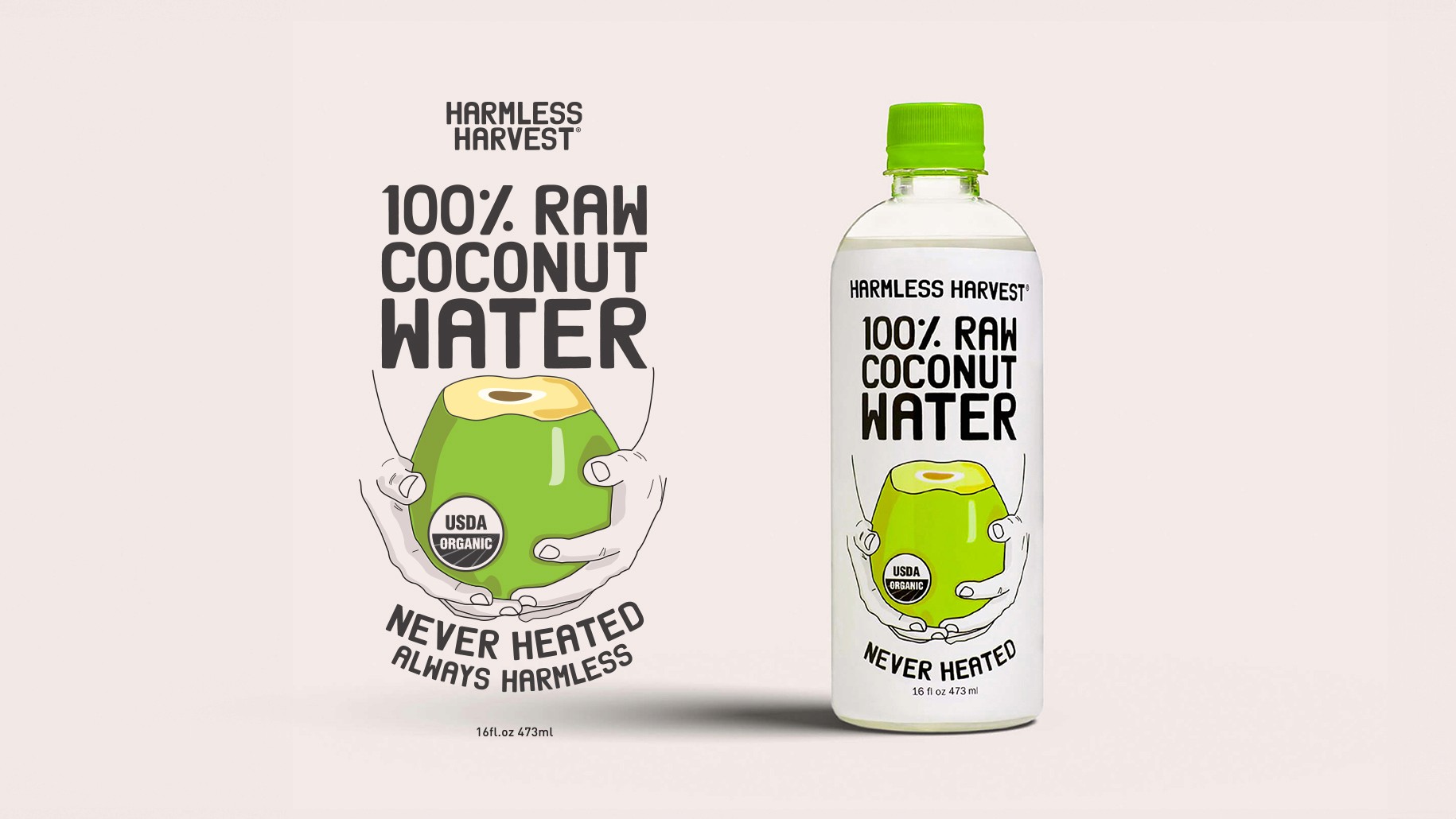 Image of a bottle of Harmless Harvest raw coconut water next to a larger version of its package artwork. 