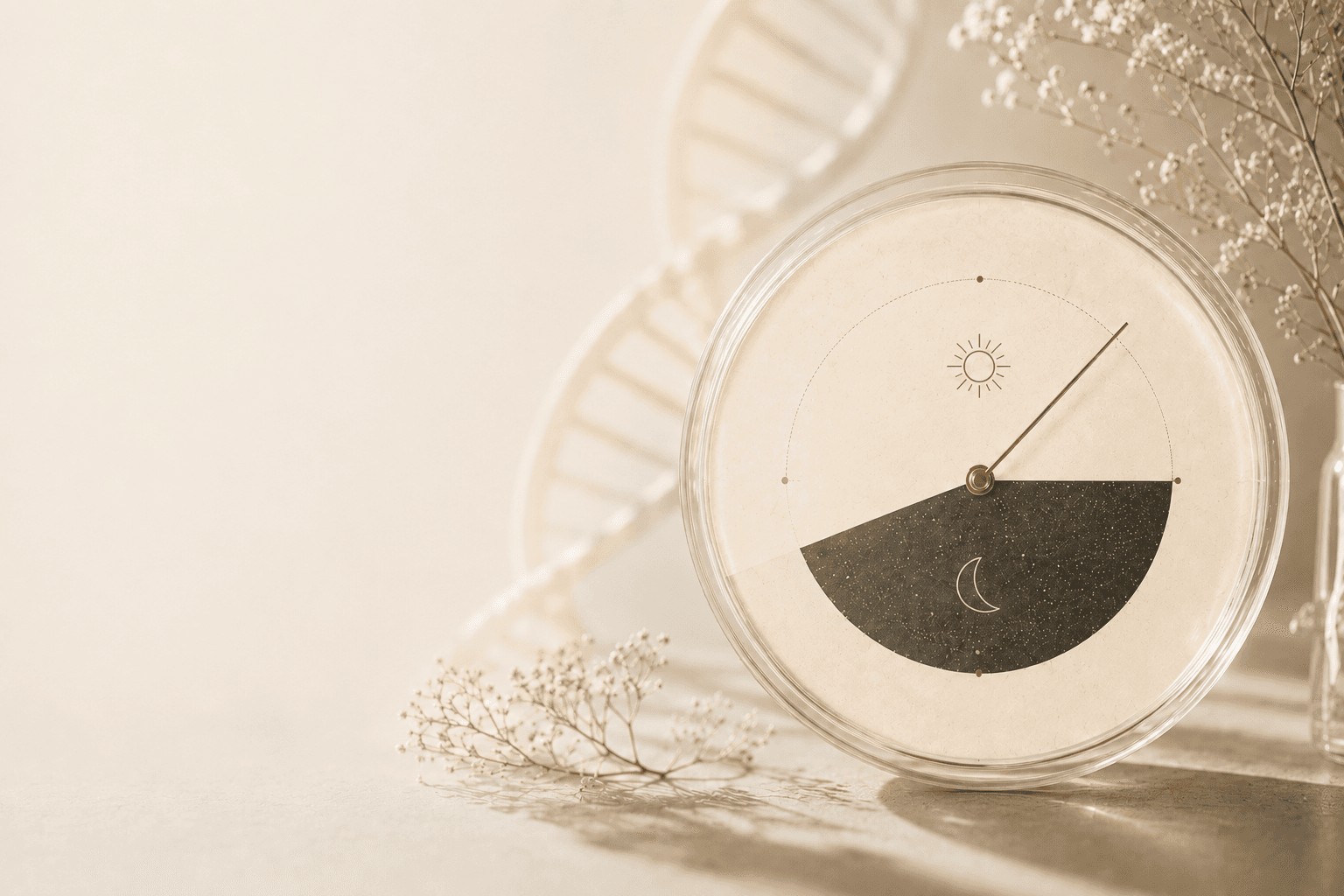 Scientific visualization of the circadian clock molecular feedback loop — CLOCK, BMAL1, PER and CRY proteins whose progressive disruption with age affects NAD+ levels, sirtuin activity and cellular longevity according to contemporary geroscience.