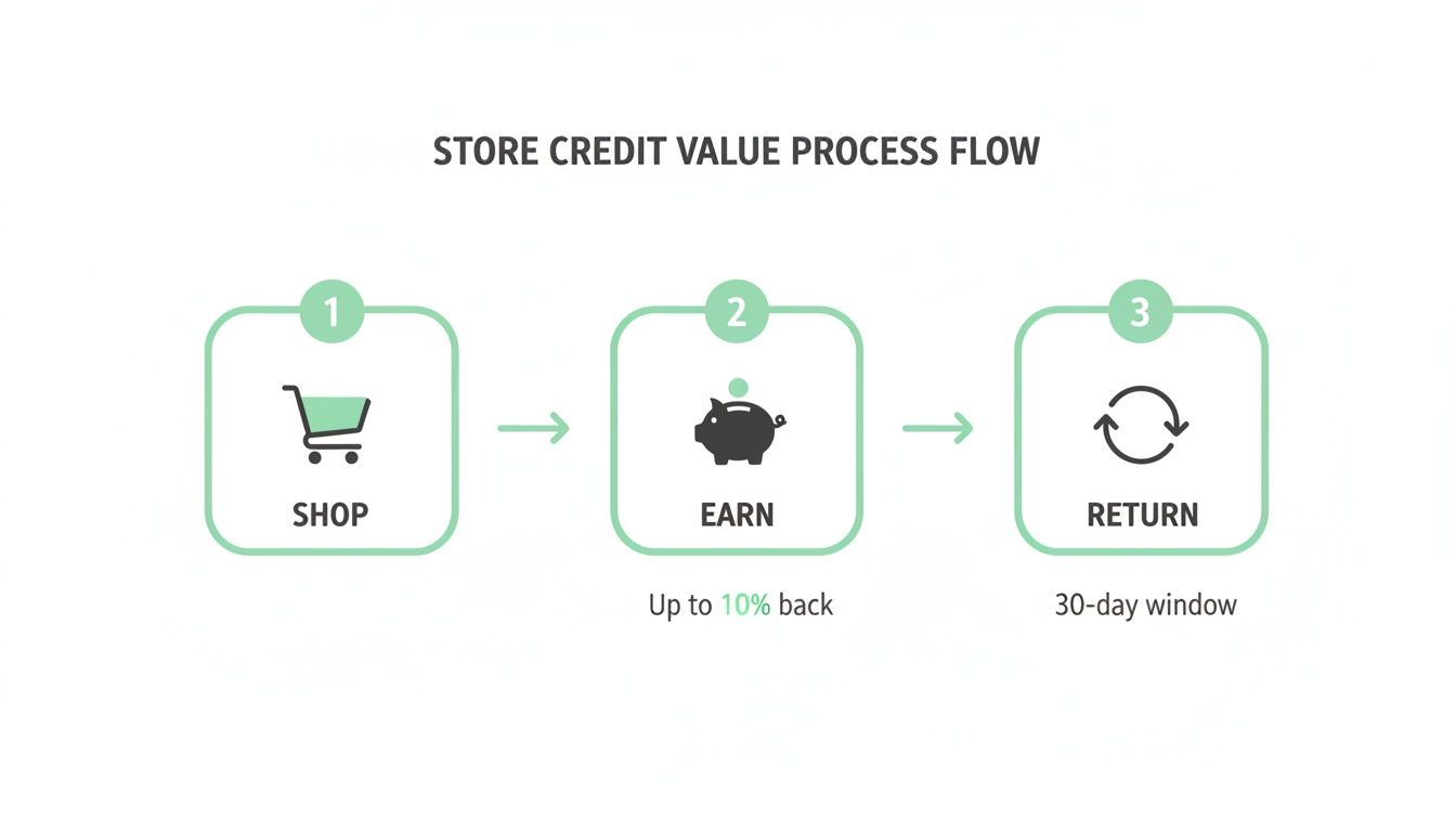Store credit value process flow showing shopping, earning up to 10% back, and a 30-day return window.