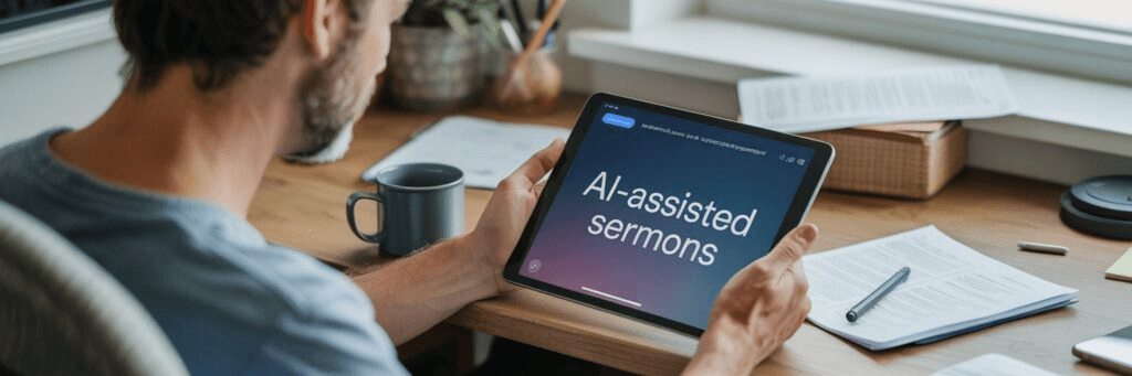 Man holding tablet showing AI sermons - Sermon Clips AI
