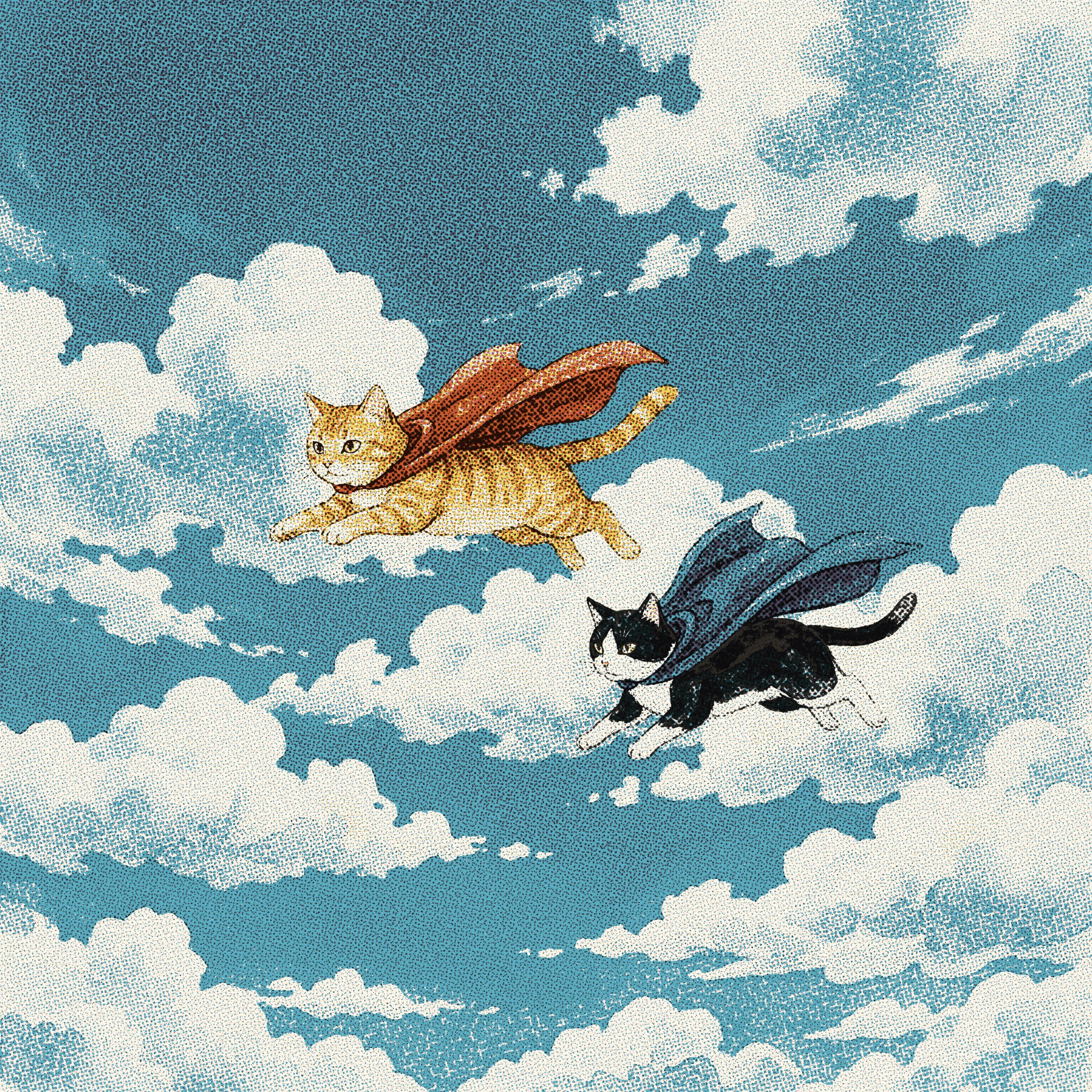Illustration of two superhero cats flying through a cloudy blue sky, an orange tabby wearing a red cape and a black-and-white tuxedo cat wearing a blue cape, rendered in a halftone print style