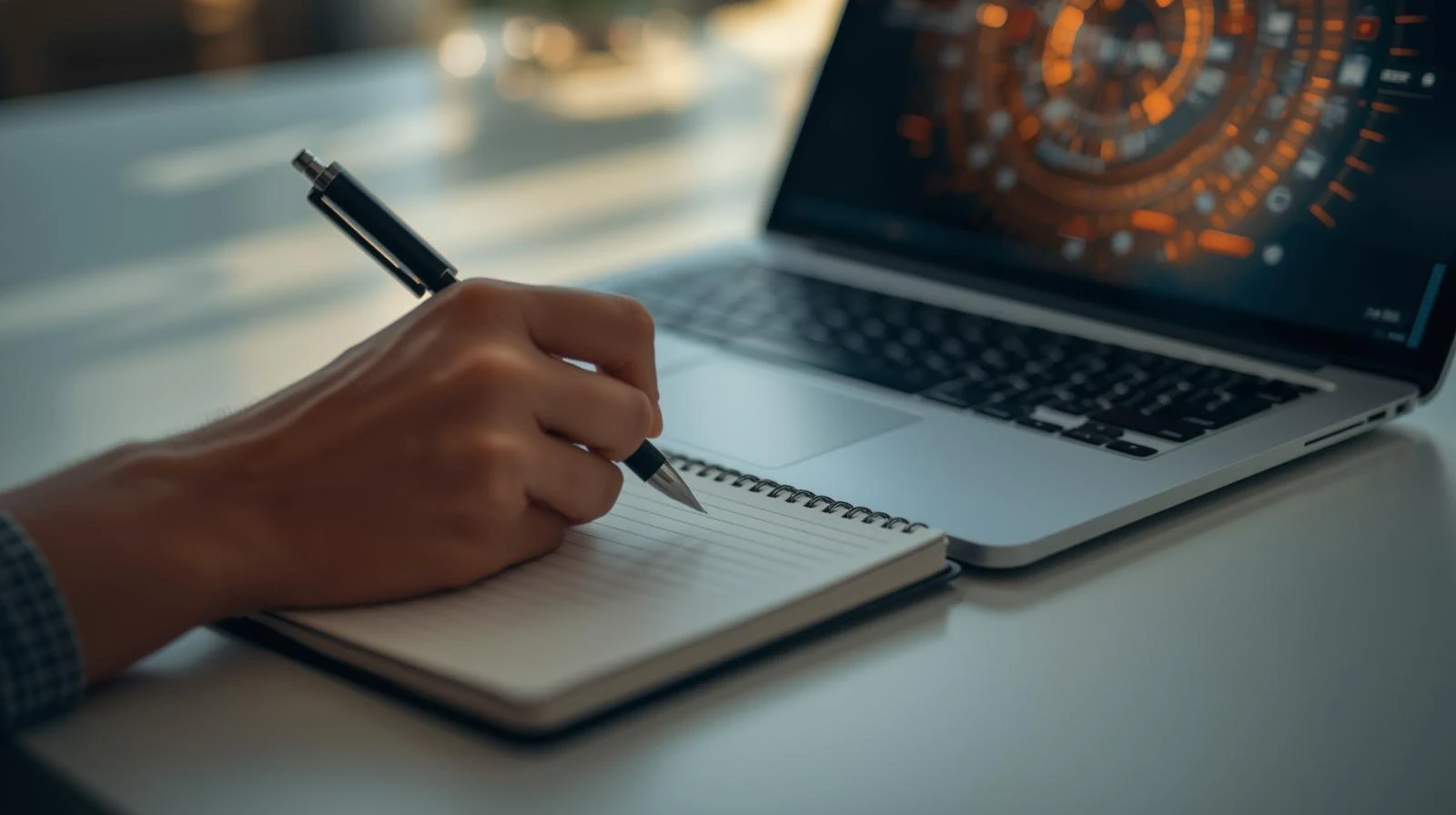 Hand holding pen writing in spiral notebook next to open laptop on white desk surface.