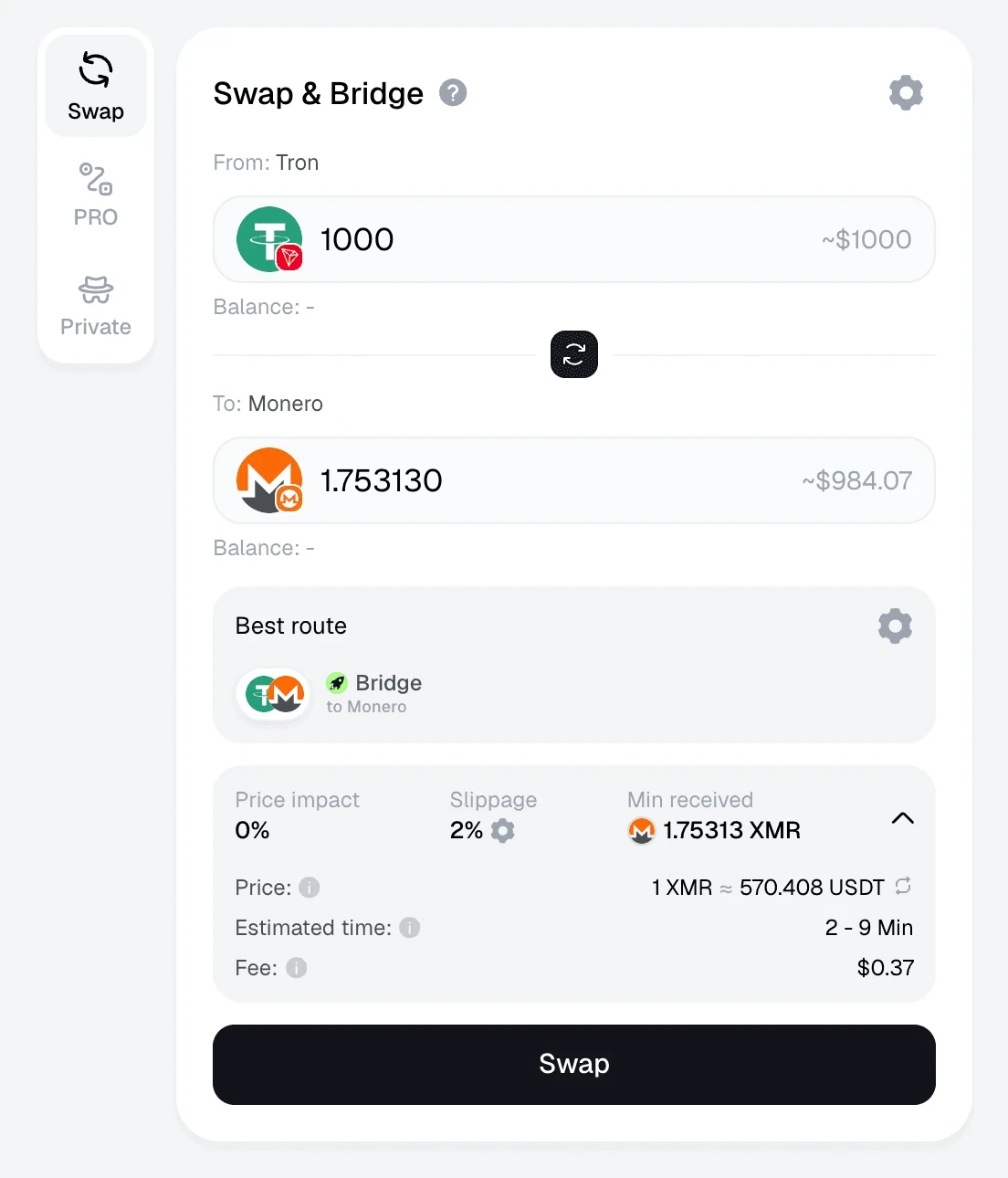 Symbiosis app on 16 October 2026: 1,000 USDT on Tron quoted at 1.753130 XMR, estimated 2 to 9 minutes