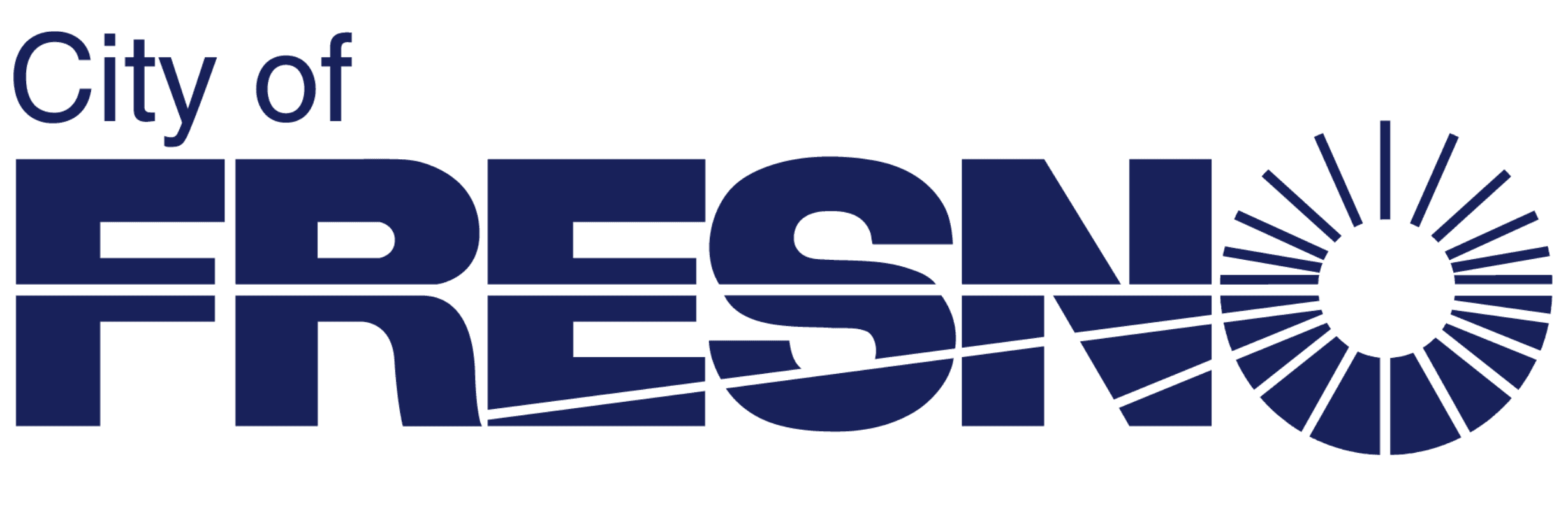 A imagem apresenta um logotipo azul da Cidade de Fresno, com a palavra "FRESNO" em letras maiúsculas em negrito e um design de raios de sol originado da letra "O".
