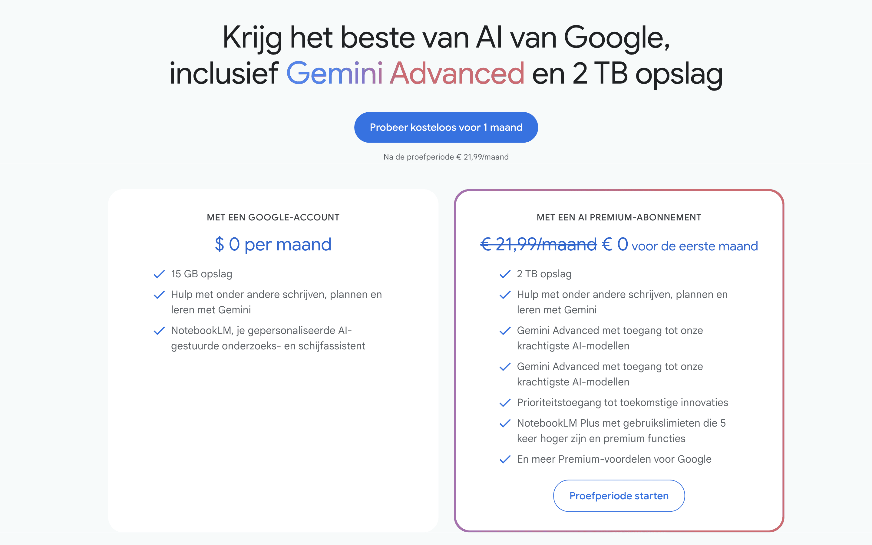 Screenshot van en prijzen voor Google AI abonnement