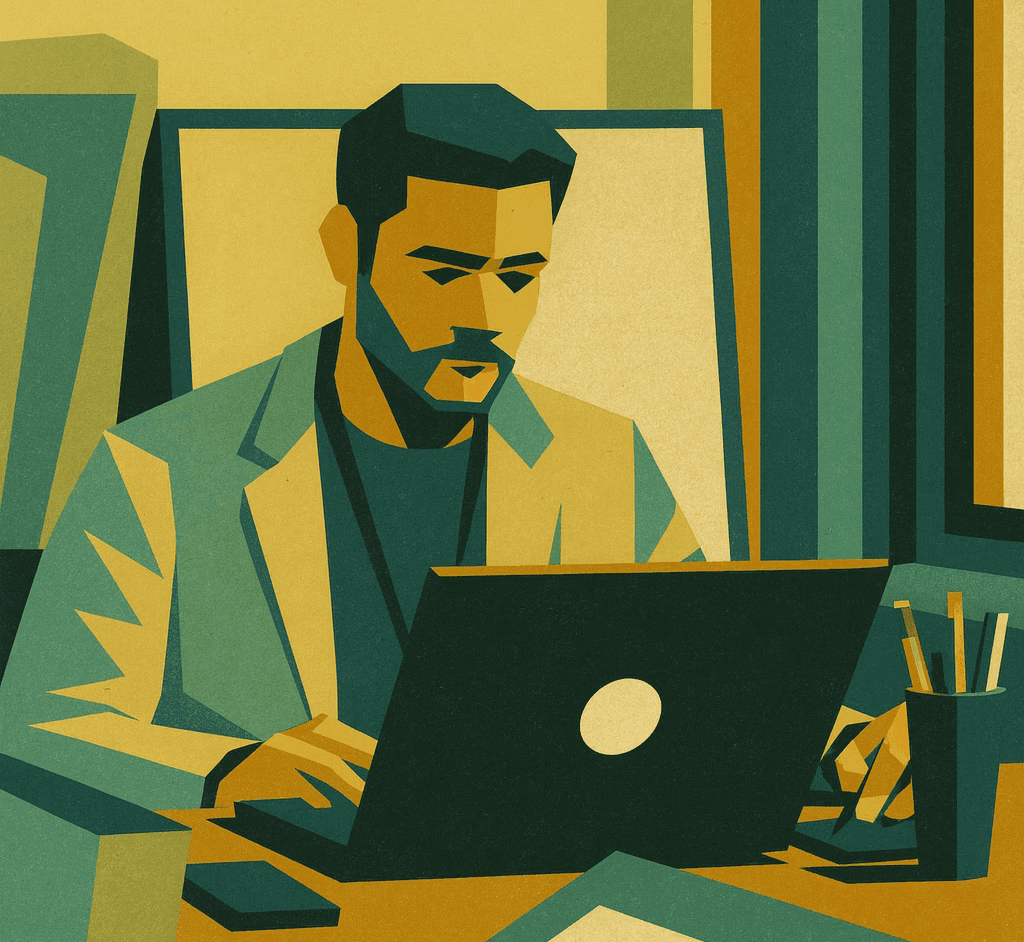 una persona al lavoro alla scrivania con diversi dispositivi - un laptop, un monitor desktop e quello che sembra essere un tablet o uno schermo secondario.