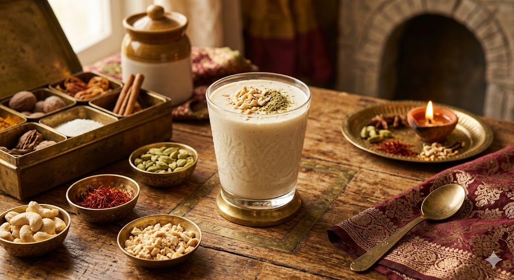 A creamy off-white smoothie in a traditional glass, garnished with crushed cashews and a sprinkle of cardamom powder. The glass is set on a rustic wooden table with Indian-inspired spaces and brass elements against a rich cultural background, captured in warm tones for an authentic aesthetic.