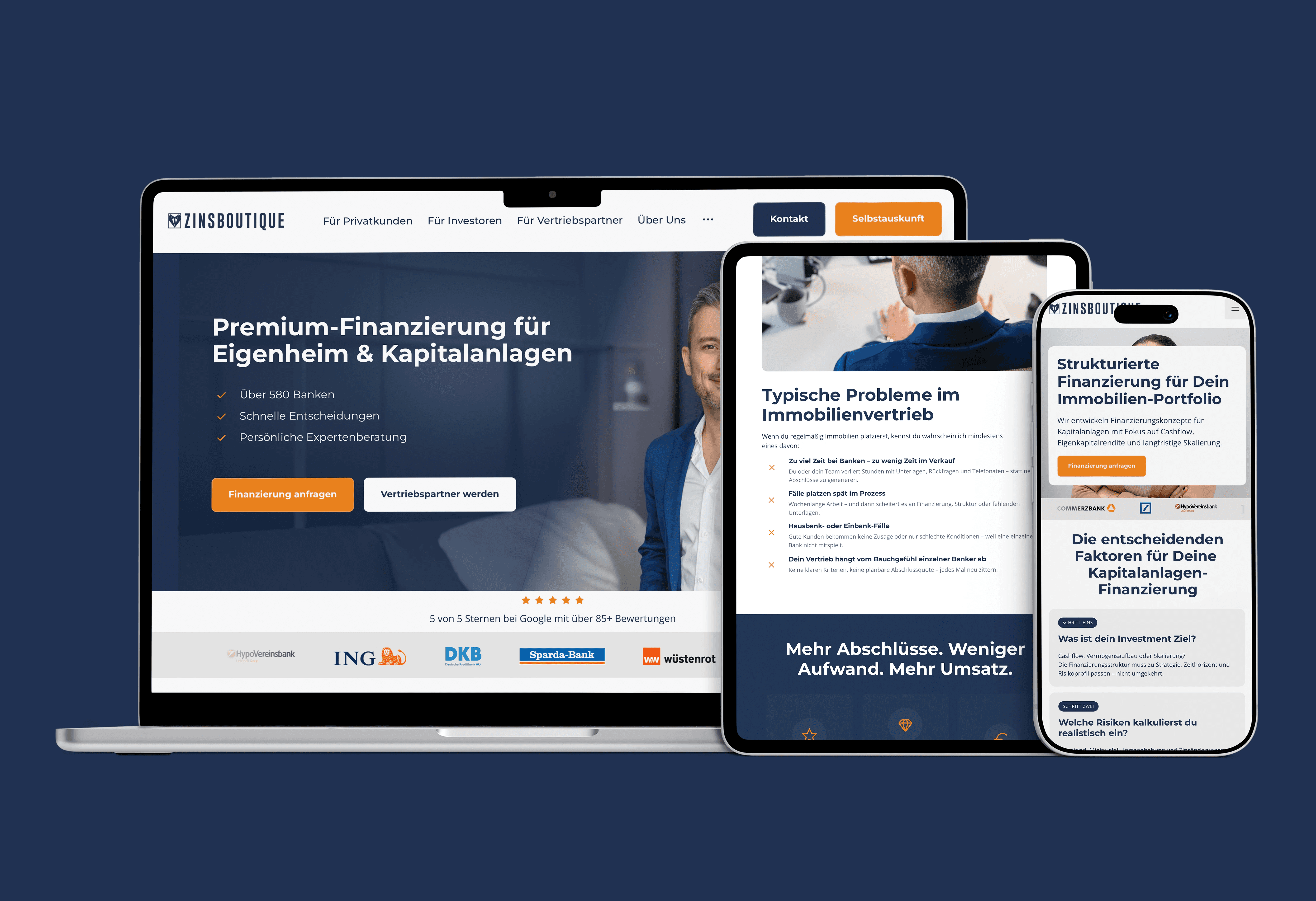Responsive Zinsboutique-Website auf Laptop, Tablet und Smartphone.