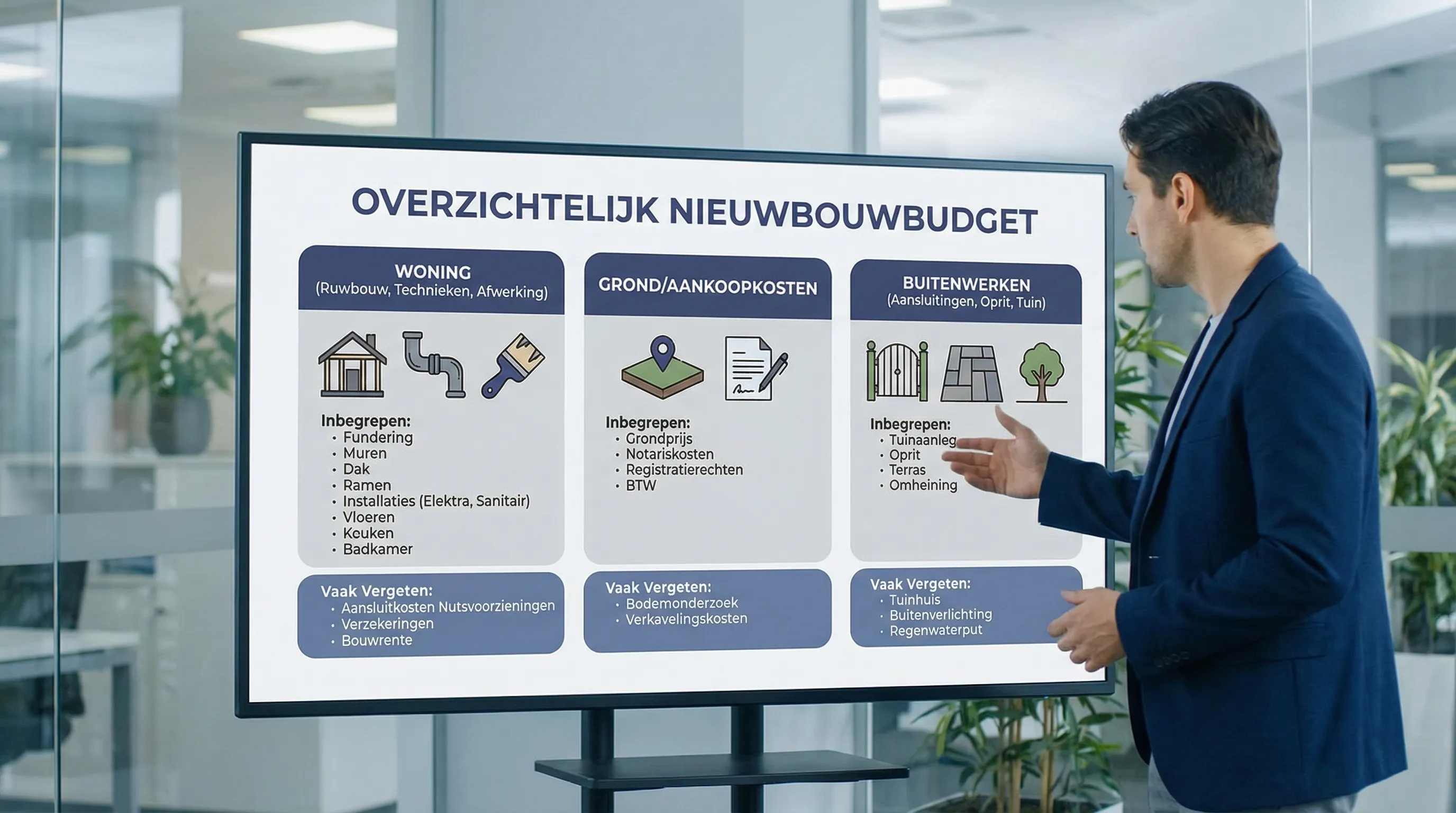 Overzichtelijke infographic die een nieuwbouwbudget opsplitst in drie zones: woning (ruwbouw, technieken, afwerking), grond/aankoopkosten, en buitenwerken (aansluitingen, oprit, tuin). Elk deel toont voorbeelden van inbegrepen en vaak vergeten posten.