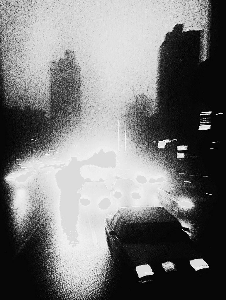 Monochrome cityscape at night with cars and bright headlights, creating a dramatic and mysterious urban atmosphere.