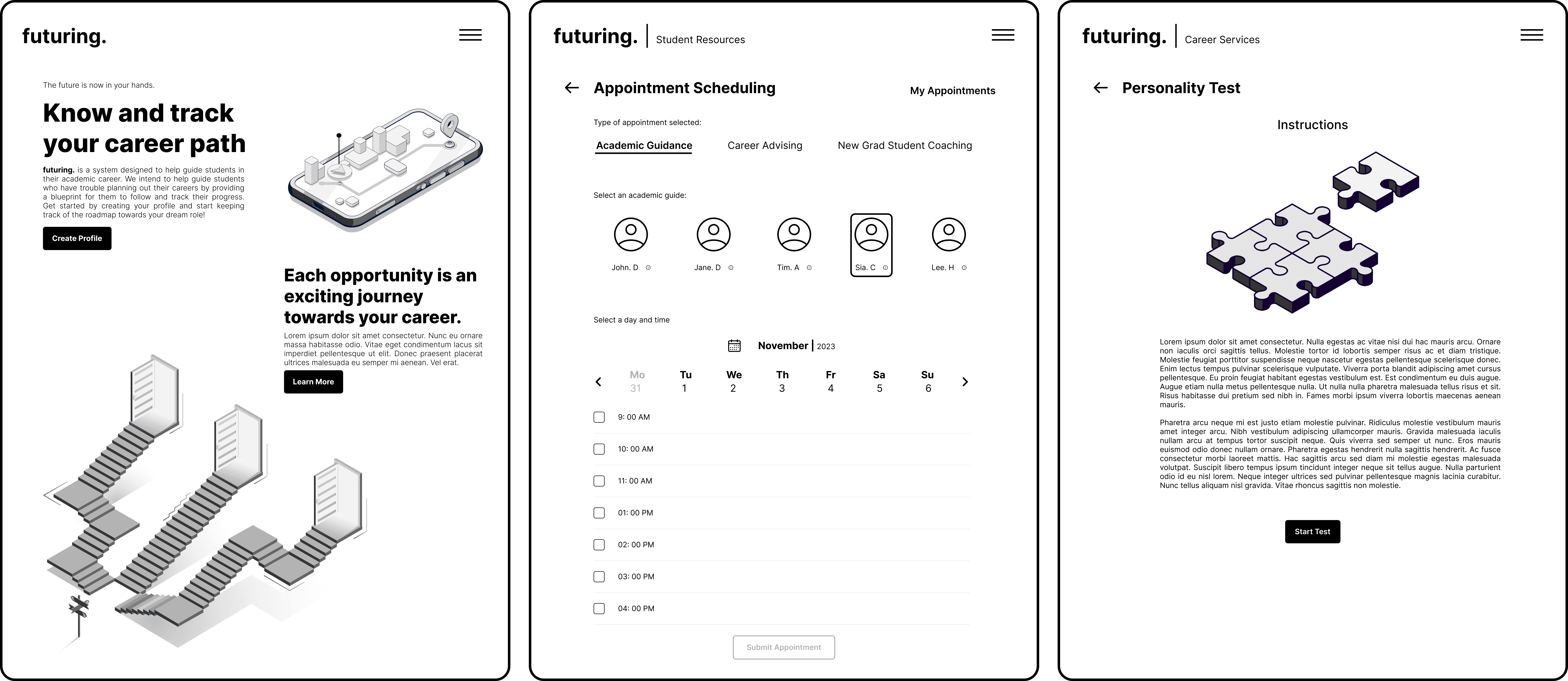 A screenshot of three digital screens indicating a first draft of features to be included in the interactive tool.