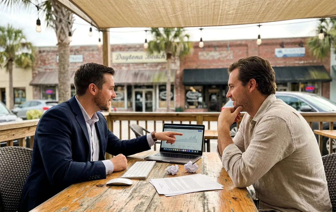 Two men discuss digital marketing at RockN' Socials agency, viewing graphs.