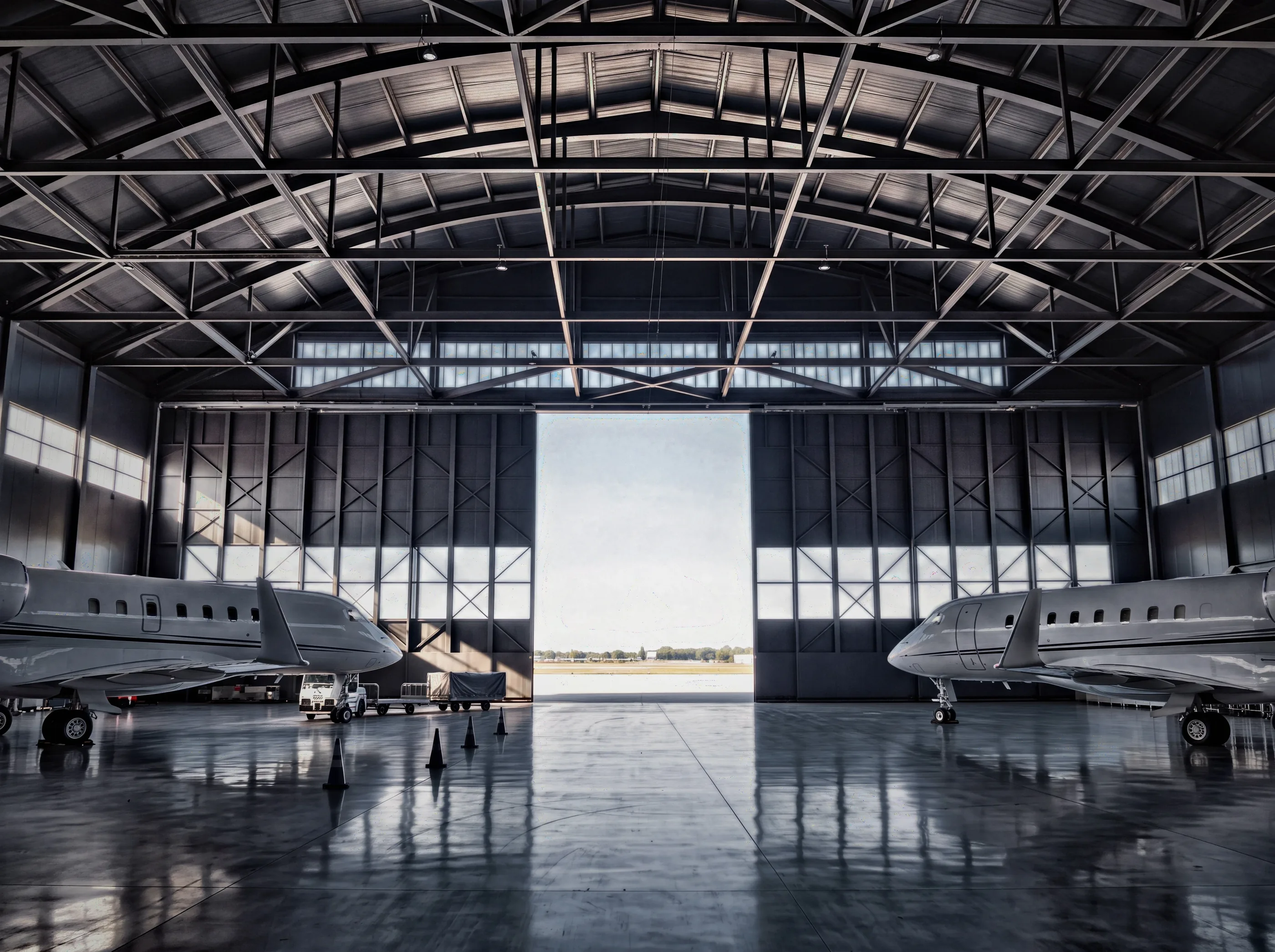 Meridian Aviation Hangar, street view of an Atrium project