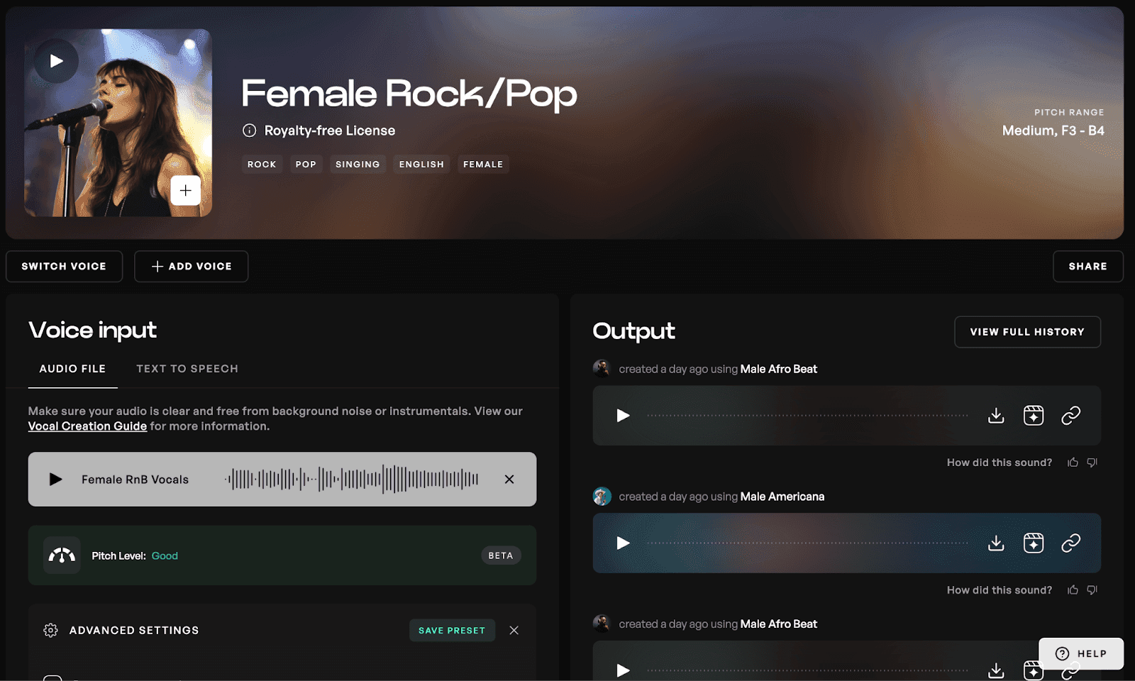 Kits AI voice generator page with the Female Rock/Pop voice selected