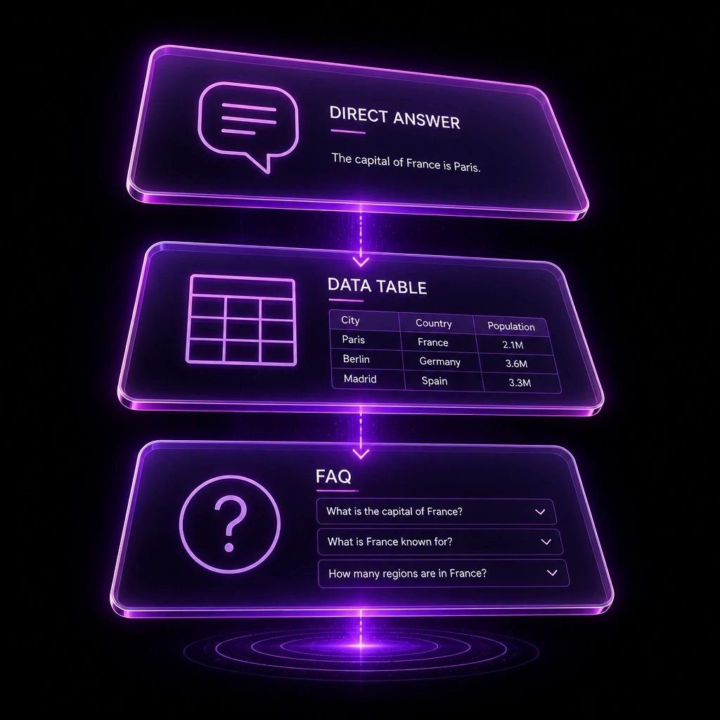 A high-tech digital illustration representing structured content hierarchy. Translucent, floating glass panes with glowing magenta borders contain minimalist icons for 'Direct Answer', 'Data Table', and 'FAQ'.